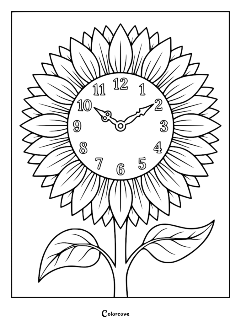 A printable coloring page featuring a large sunflower with a clock face in the center, showing numbers one through twelve.
