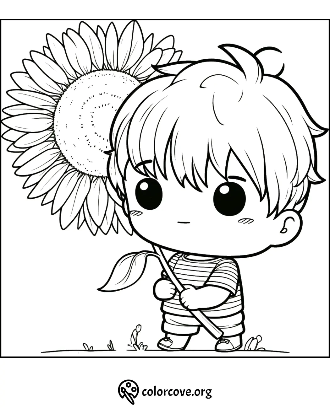 Adorable chibi boy holding a giant sunflower coloring page for kids at colorcove.org - Cute anime style art to color in.