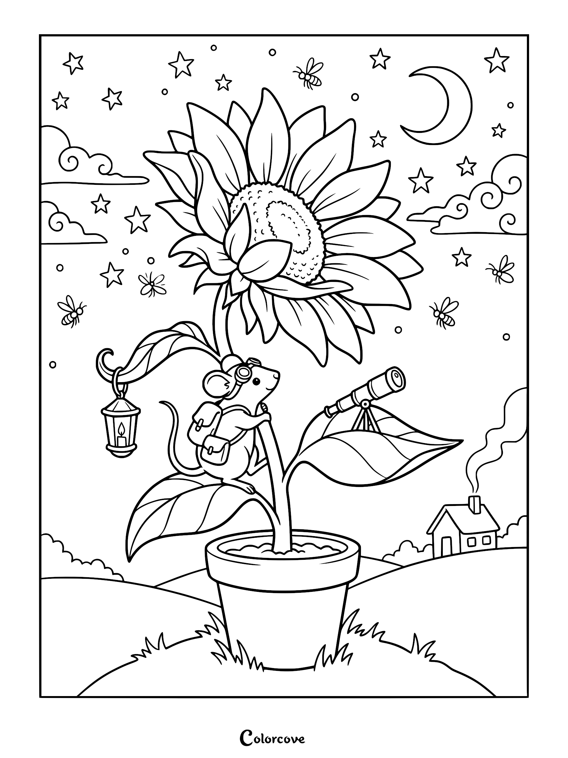 A mouse explorer with goggles and backpack standing on a potted sunflower leaf, looking through a telescope under a starry night sky with a lantern hanging nearby.
