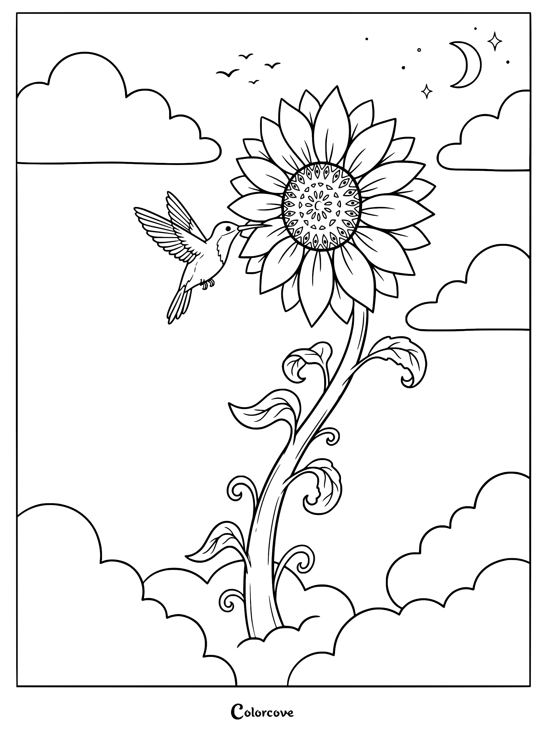 A hummingbird hovering near a large sunflower growing out of fluffy clouds, featuring a crescent moon and stars in the night sky coloring page.