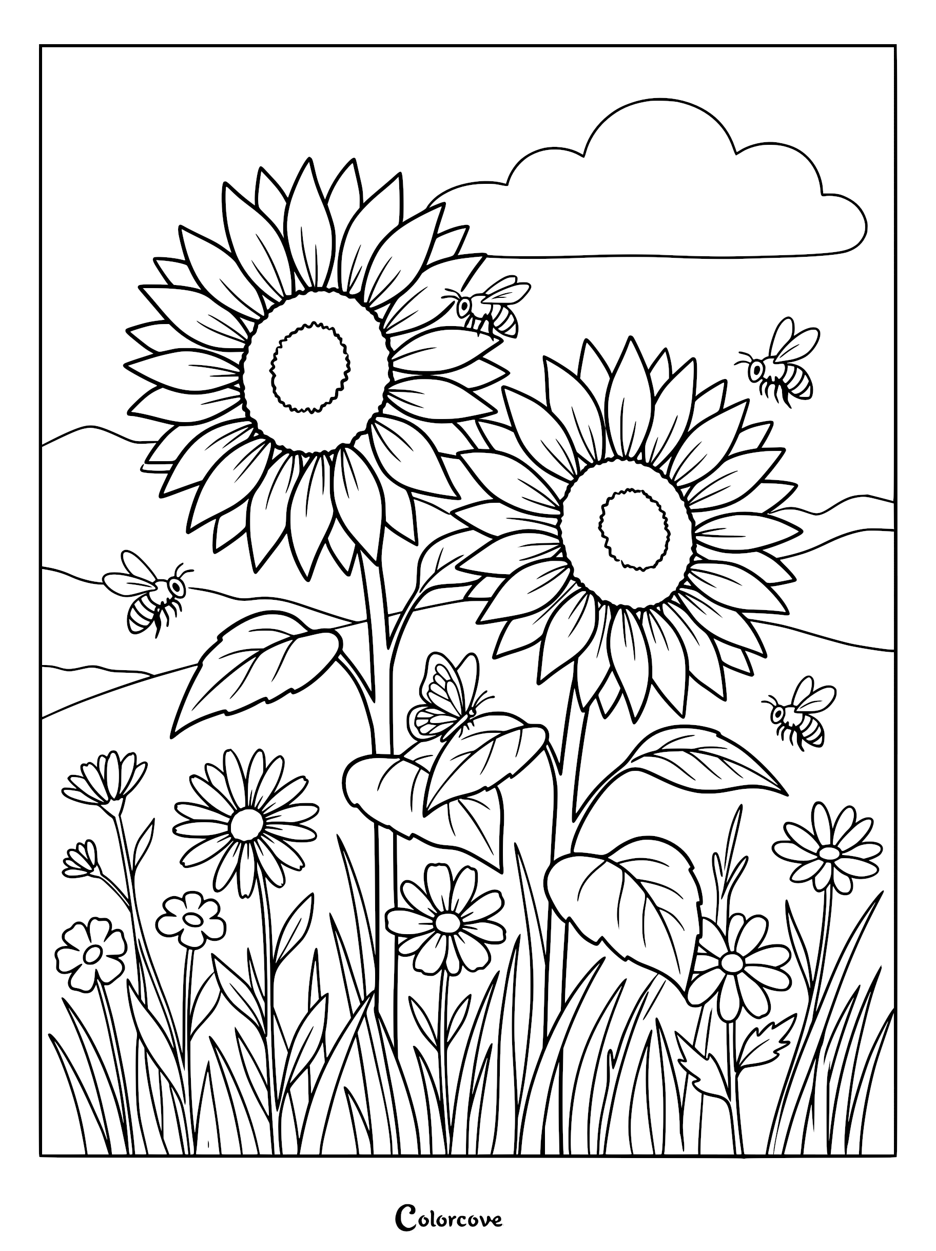 A coloring page featuring two large sunflowers, a butterfly, and four bees in a grassy meadow with a cloud in the background.