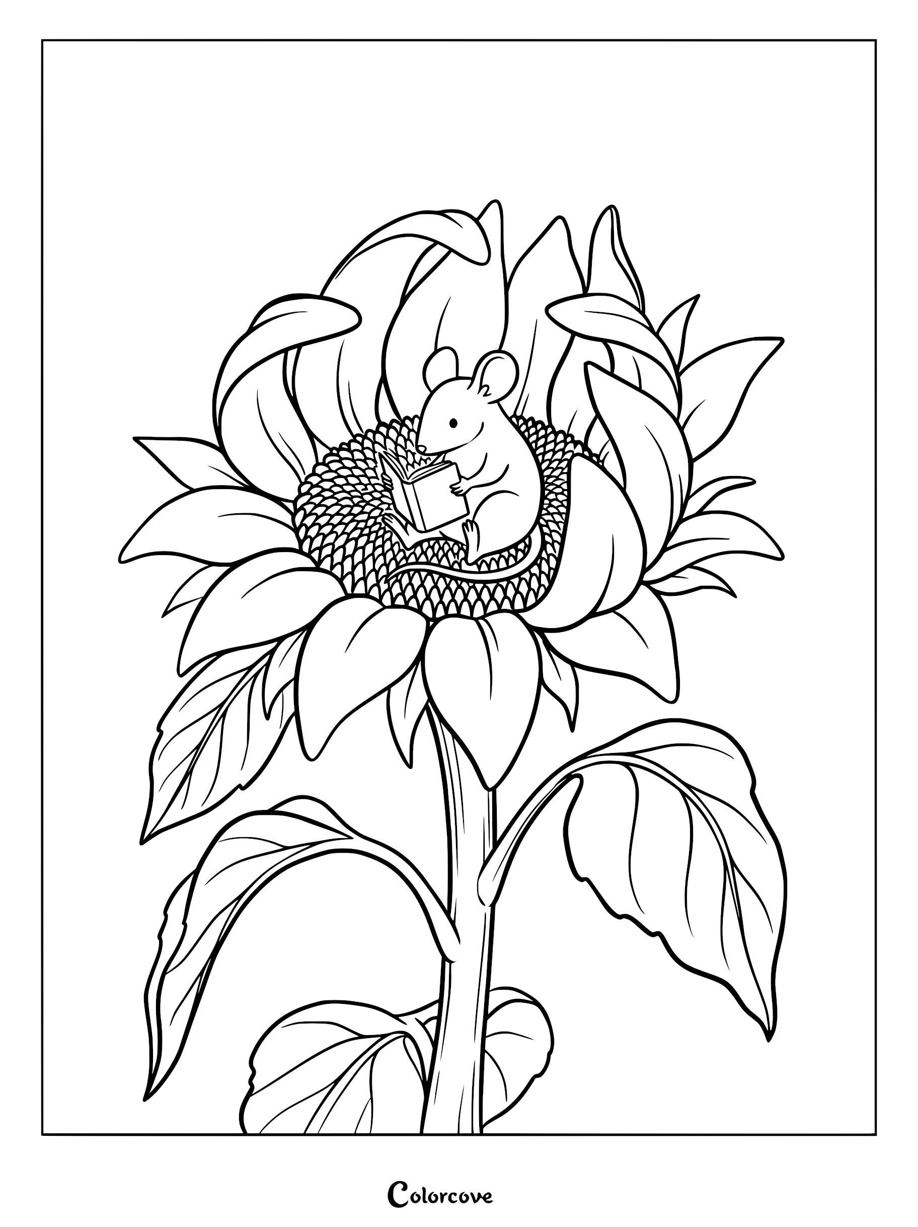 A cute mouse sitting in the center of a large sunflower reading a book, line art coloring page.