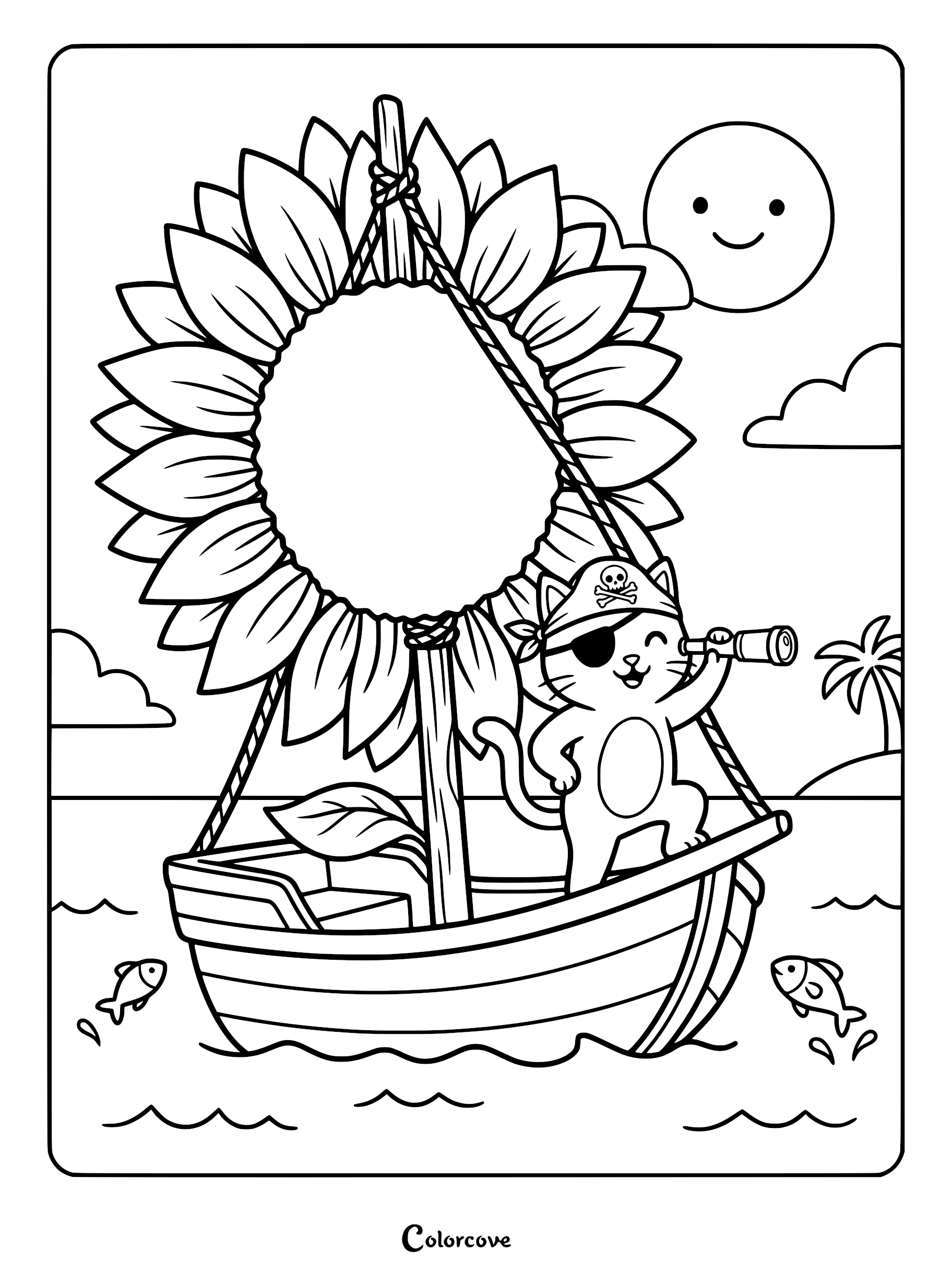 A pirate cat with an eyepatch and hat using a telescope on a boat with a giant sunflower sail, coloring page.
