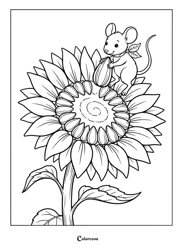 A cute mouse wearing a leaf scarf standing on a large sunflower and holding a seed in this printable coloring page.