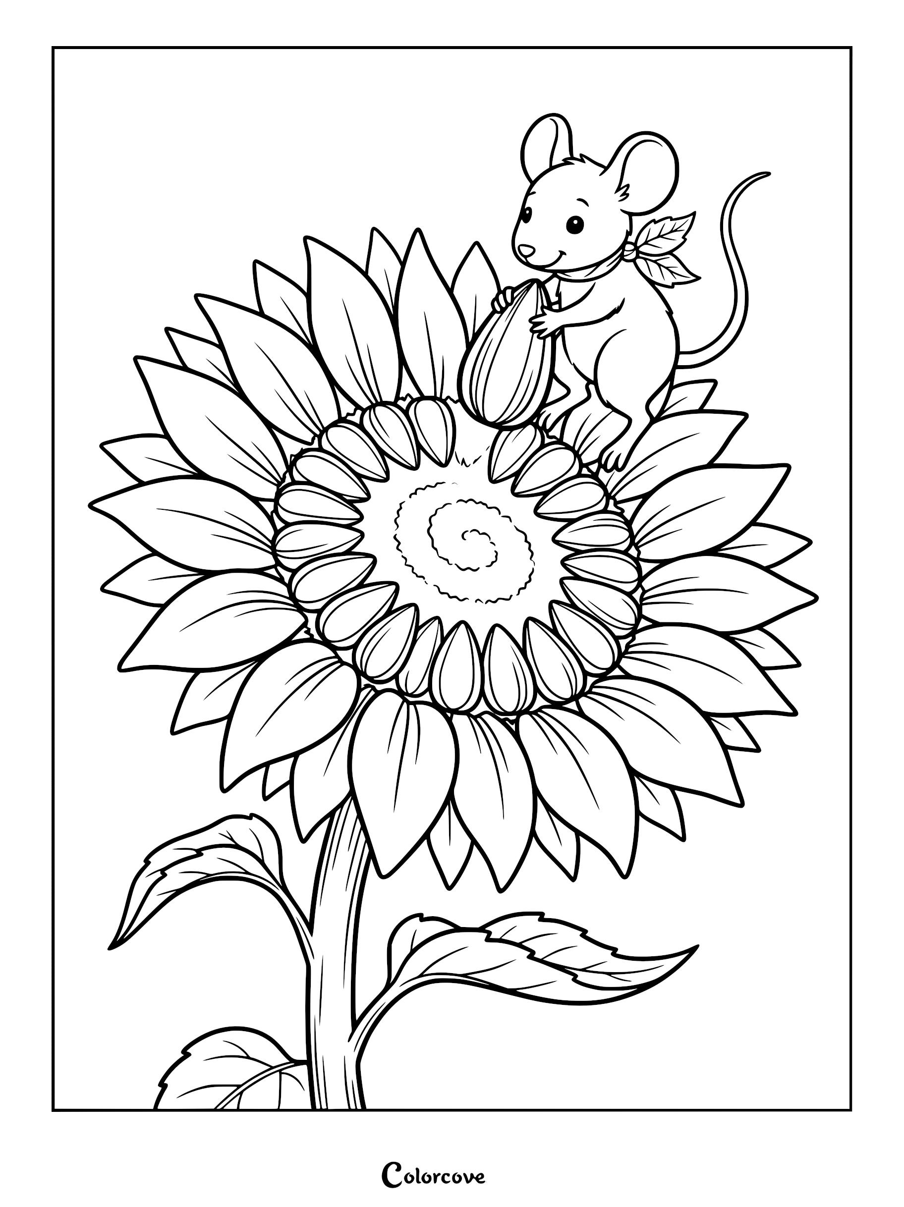 A cute mouse wearing a leaf scarf standing on a large sunflower and holding a seed in this printable coloring page.