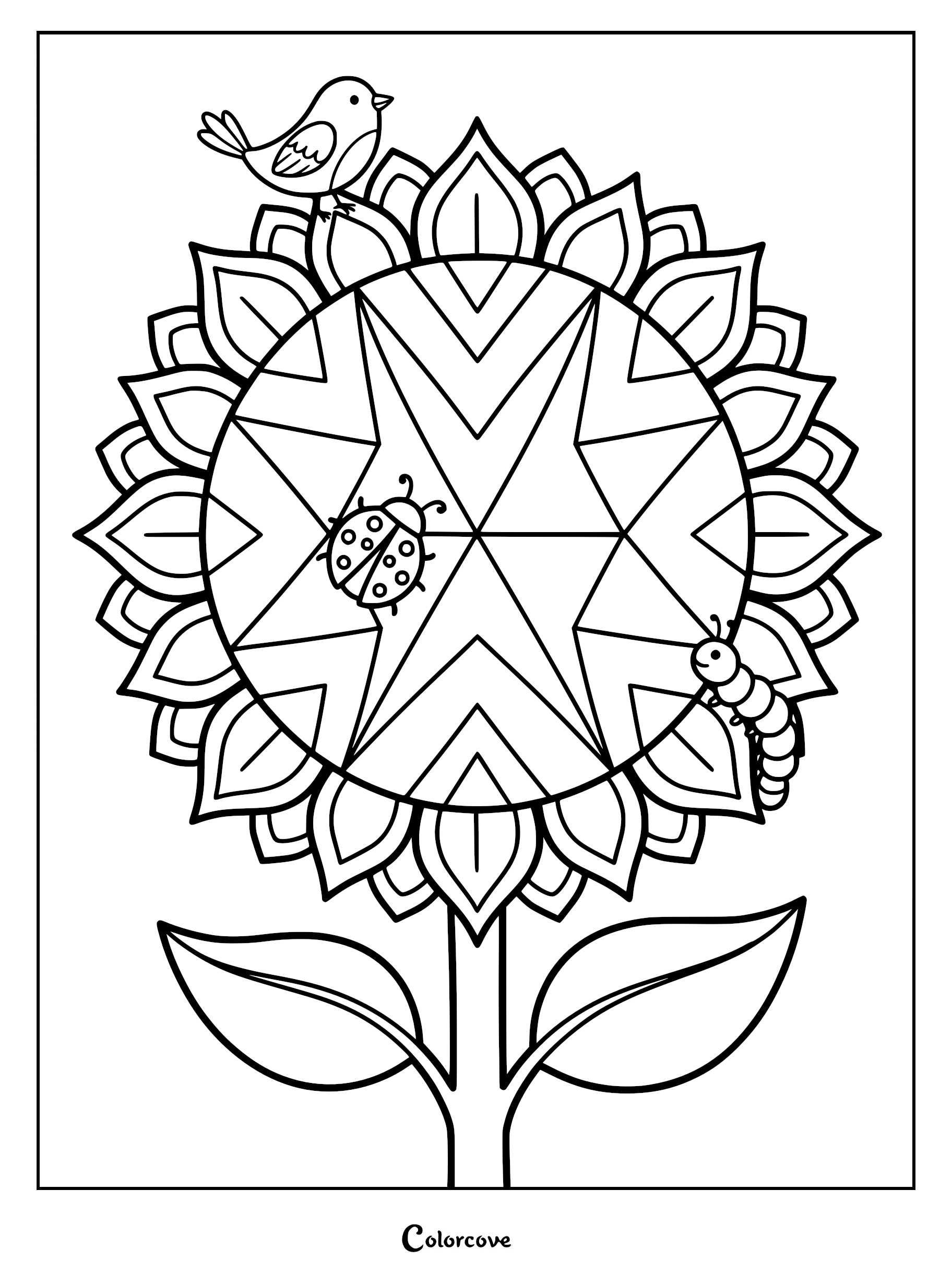 A geometric sunflower coloring page featuring a small bird perched on top, a ladybug on the center, and a caterpillar crawling on the petals.