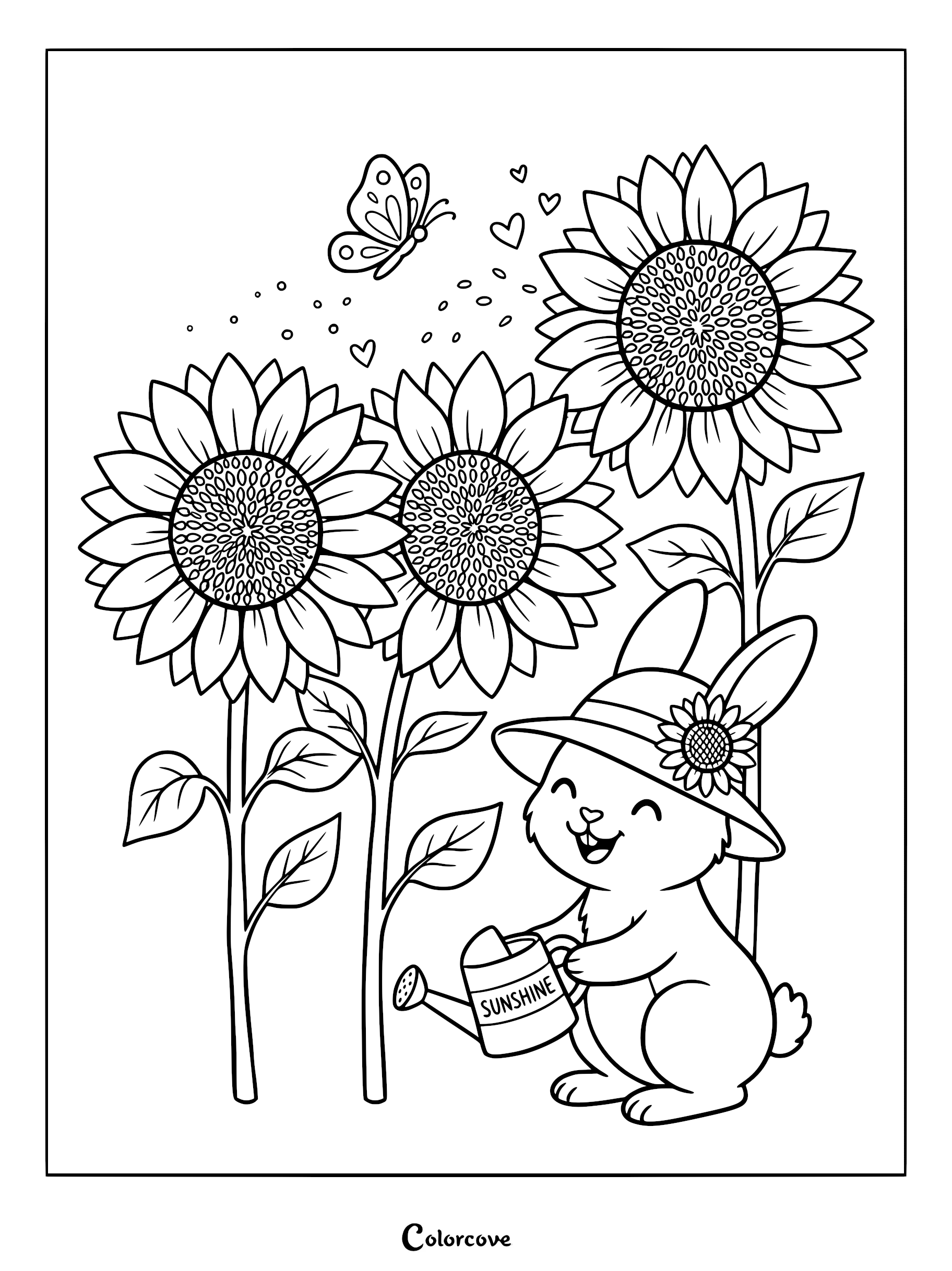 A cute bunny wearing a sunflower hat watering tall sunflowers with a watering can labeled Sunshine, with a butterfly and hearts above, in a printable coloring page.