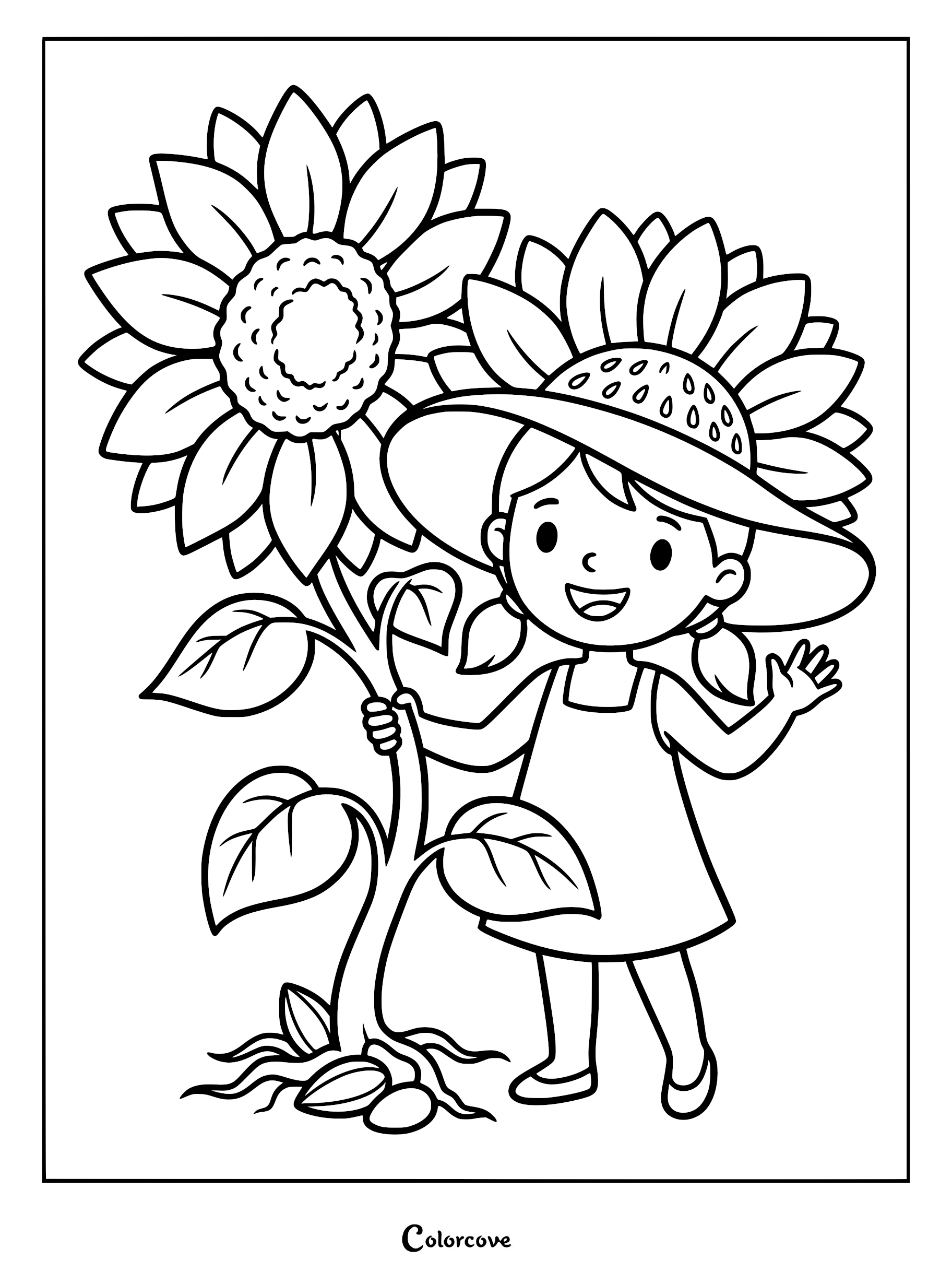 A happy girl with pigtails wearing a sunflower-shaped hat standing next to a large sunflower in this printable coloring page.