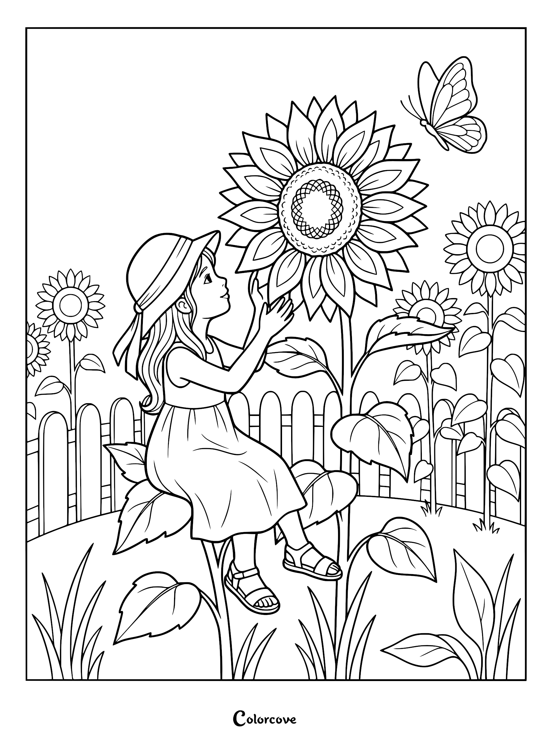 A young girl in a sun hat sitting on a large leaf touching a giant sunflower with a butterfly nearby in this coloring page.