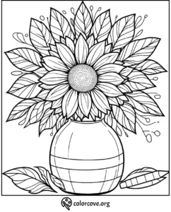 Sunflower coloring page with a detailed large flower in a vase, perfect for adult and kid coloring fans.
