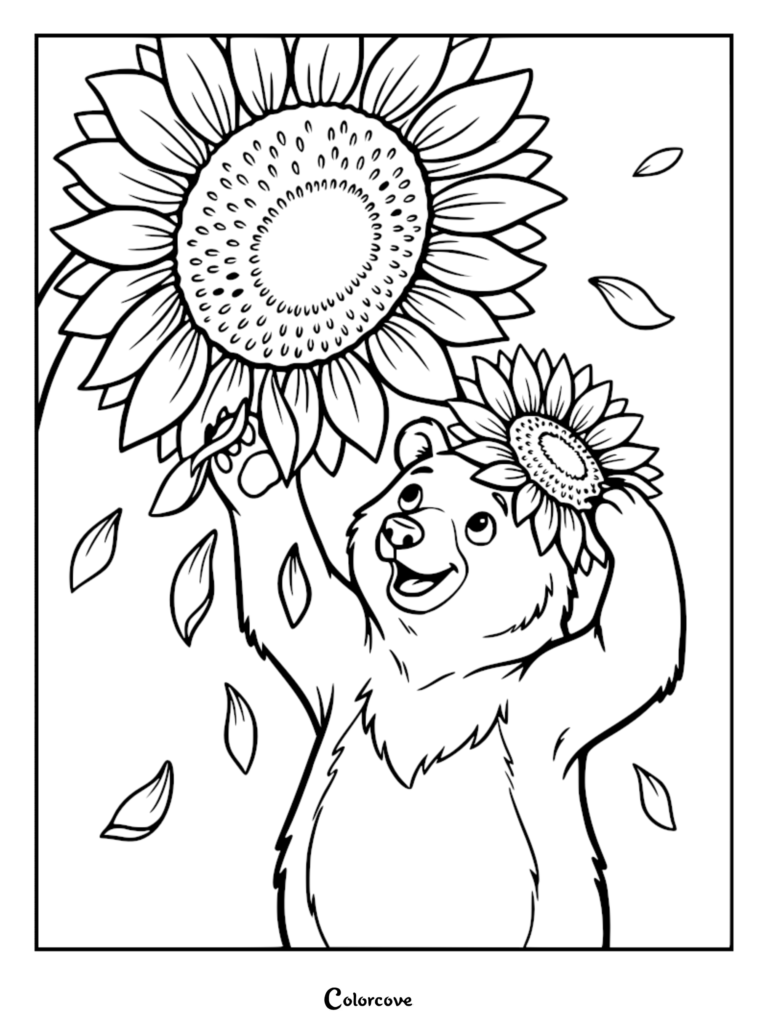 A happy bear holding a large sunflower with petals falling around it in this printable coloring page.