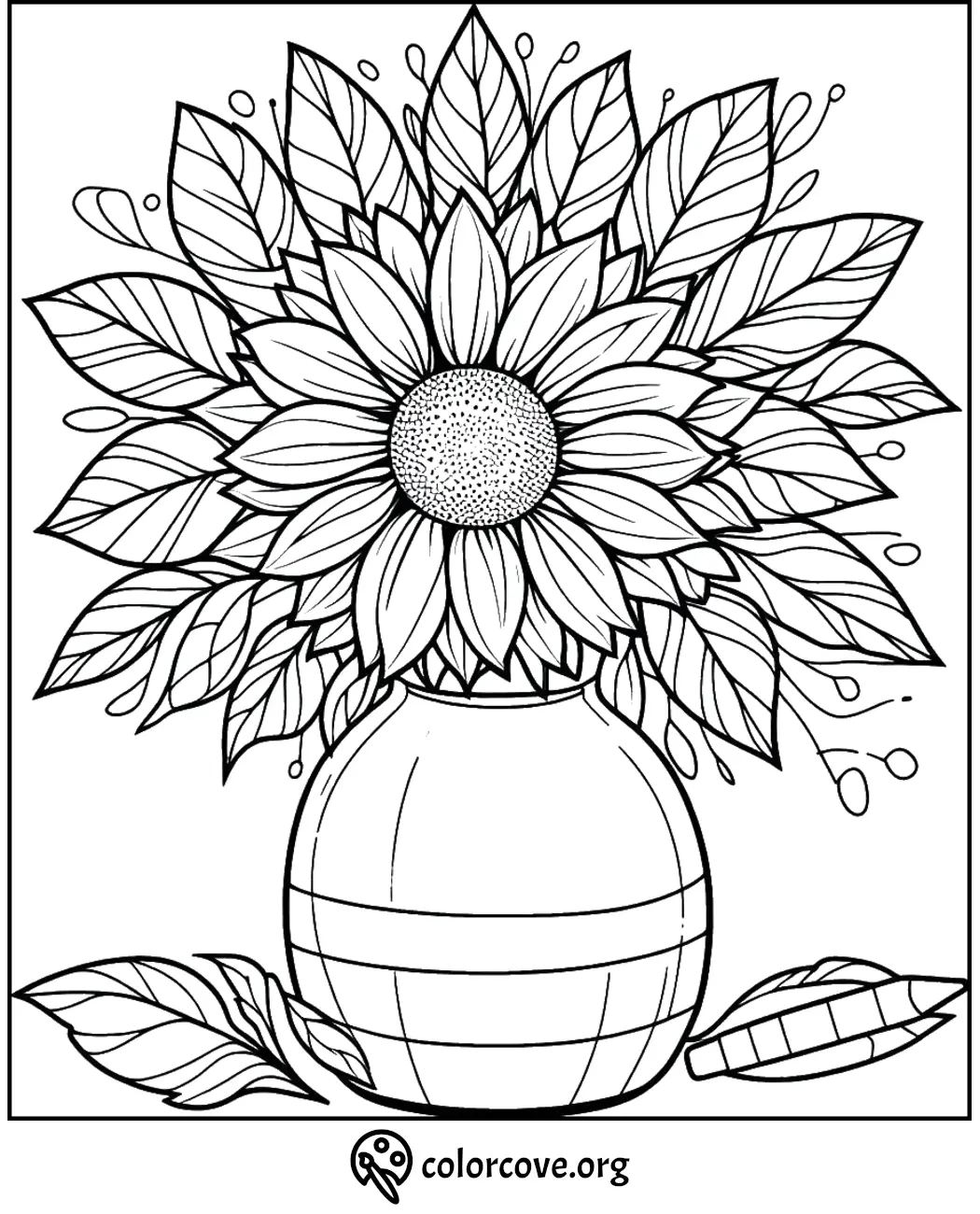 Sunflower coloring page with a detailed large flower in a vase, perfect for adult and kid coloring fans.