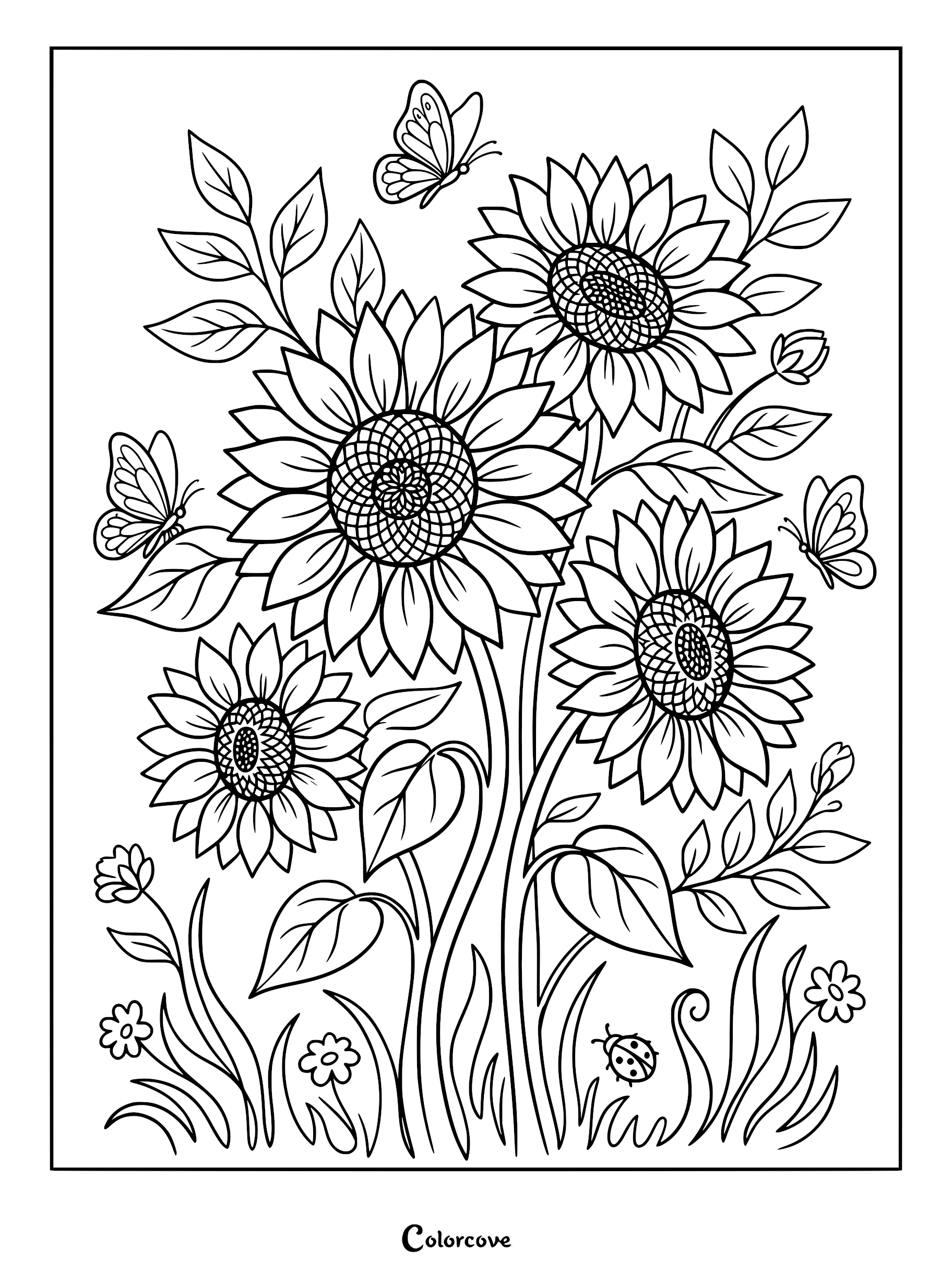 A detailed coloring page featuring a cluster of sunflowers with three butterflies and a ladybug in the grass.