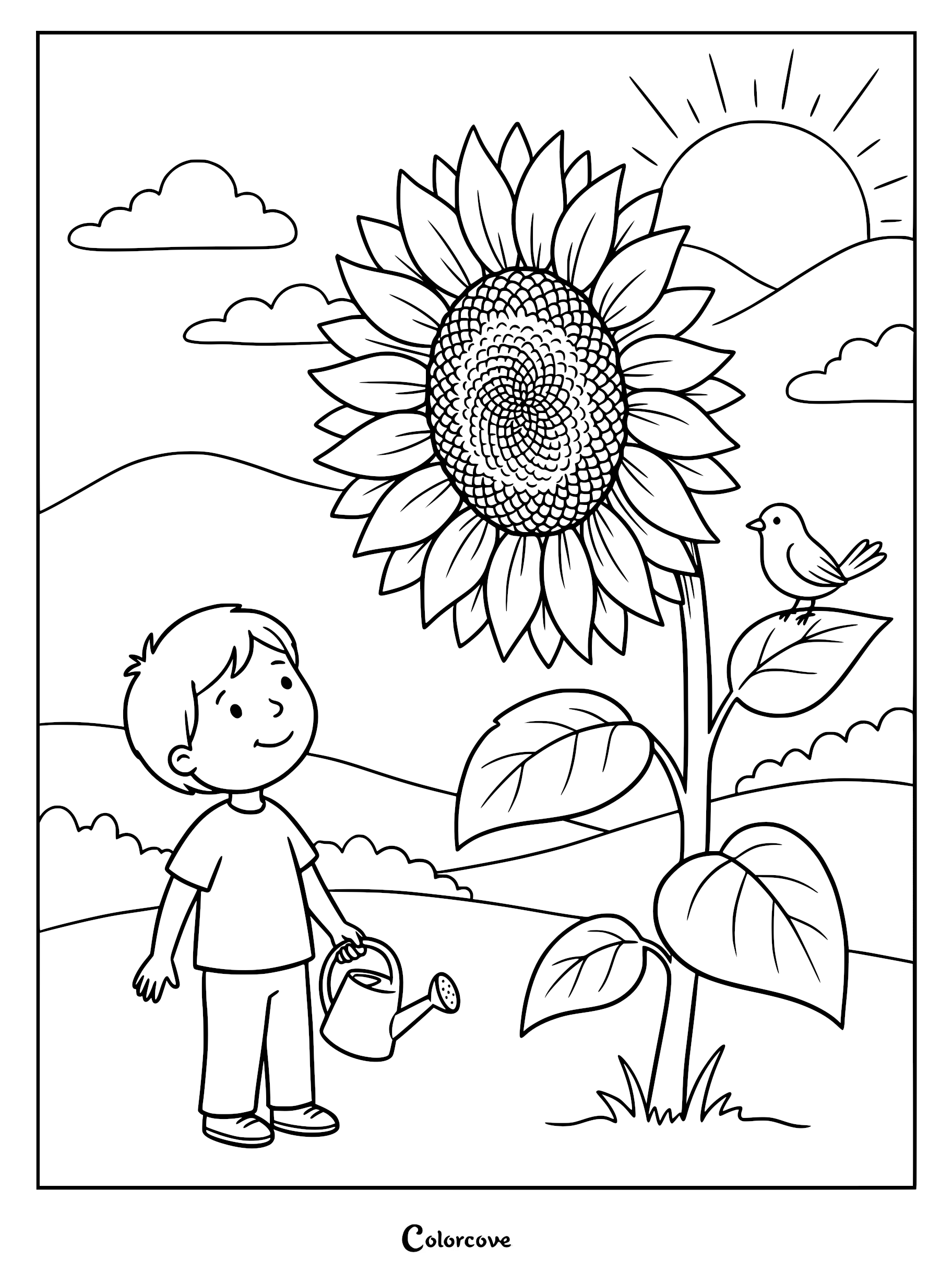 A boy holding a watering can stands next to a giant sunflower with a small bird perched on a leaf in this printable coloring page.