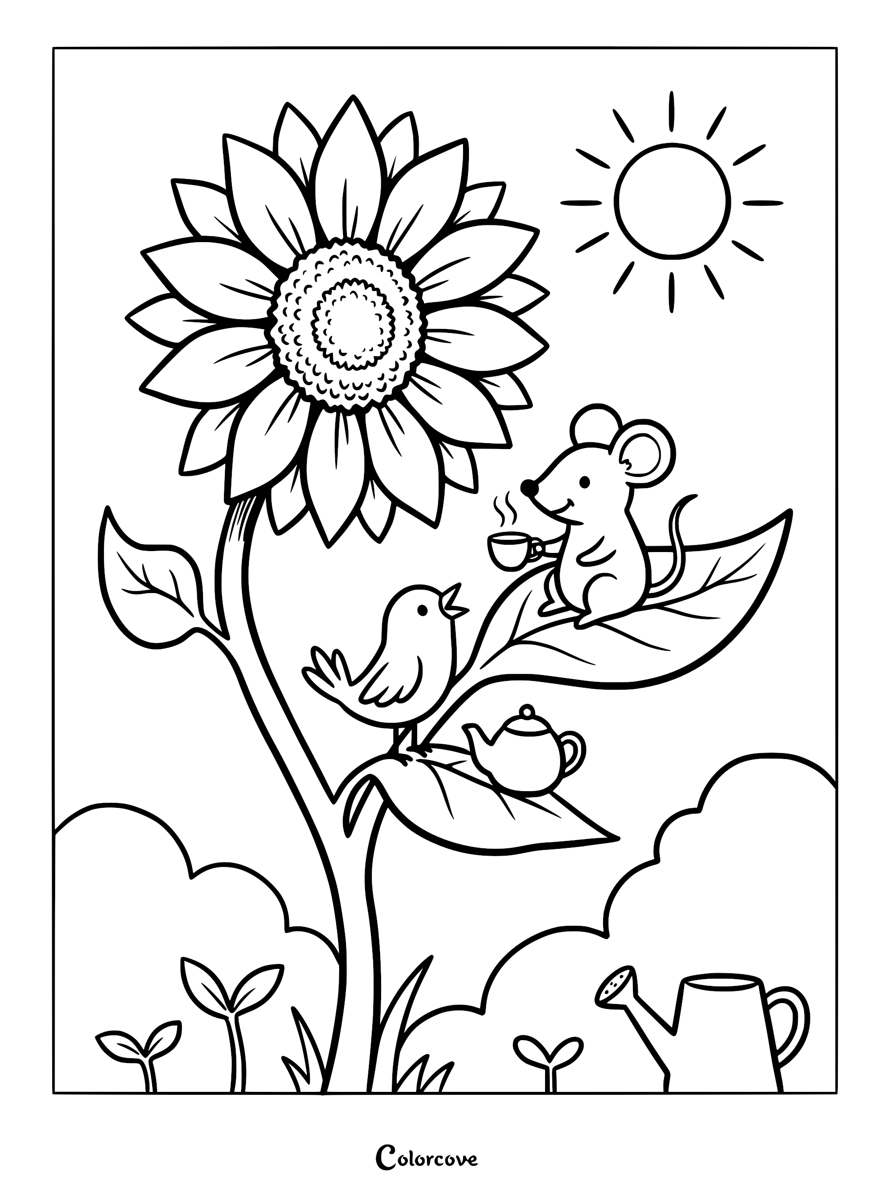 A cute mouse and bird having a tea party on sunflower leaves in this printable coloring page.