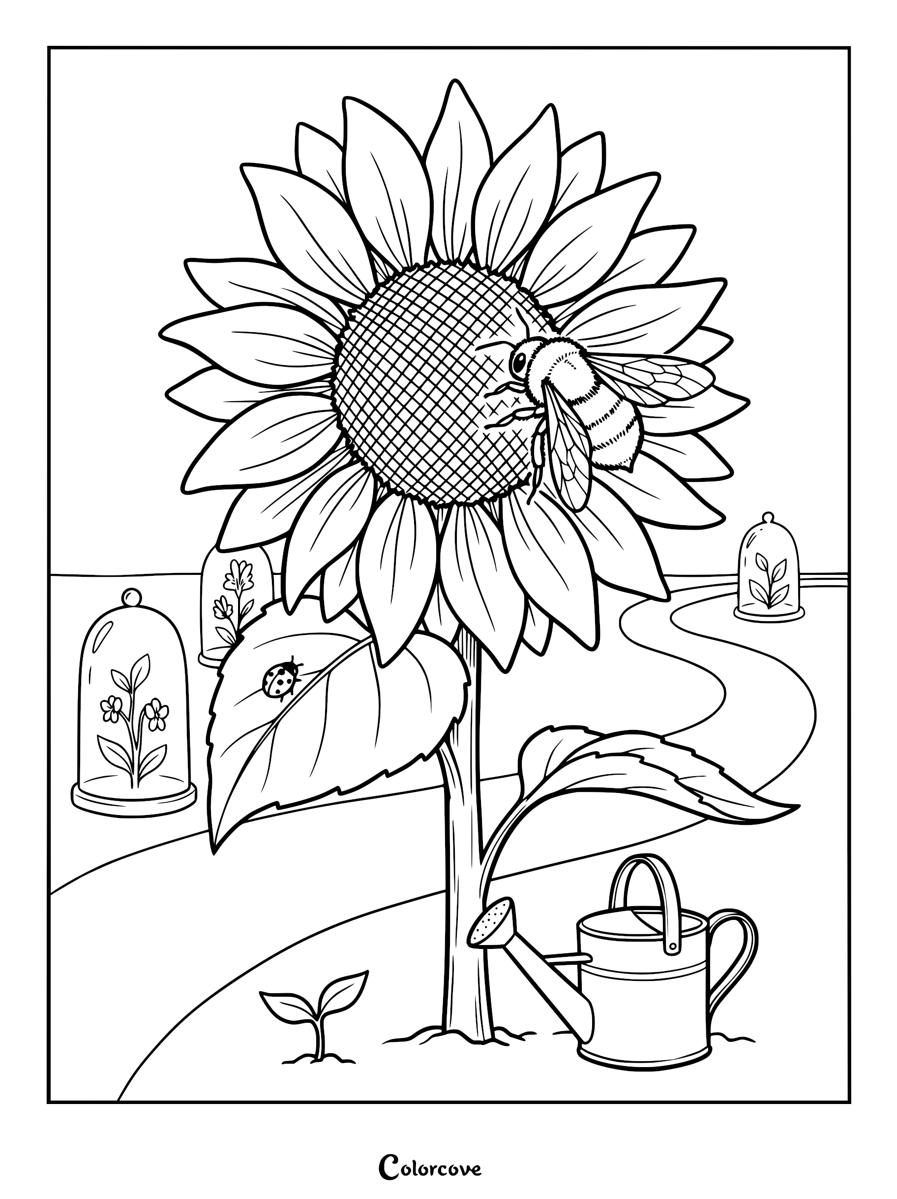 A detailed coloring page featuring a large sunflower with a bee on its center, a ladybug on a leaf, a watering can, and plants under glass cloches.