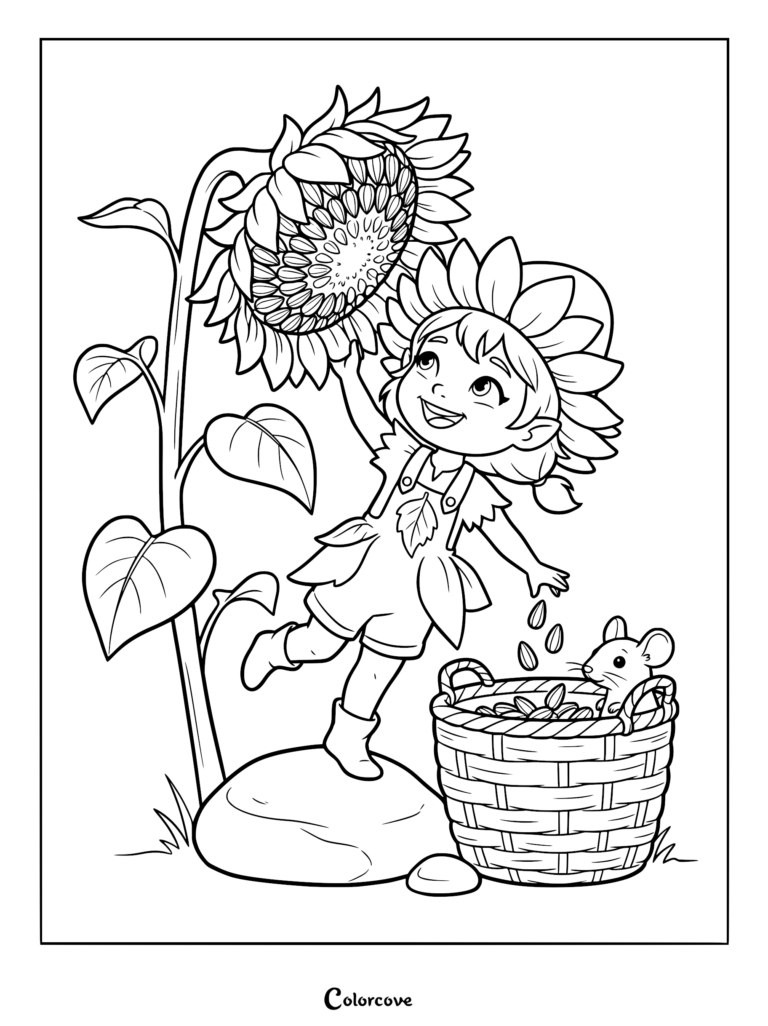 A sunflower fairy wearing a petal hat harvesting seeds into a basket with a mouse nearby in this printable coloring page.