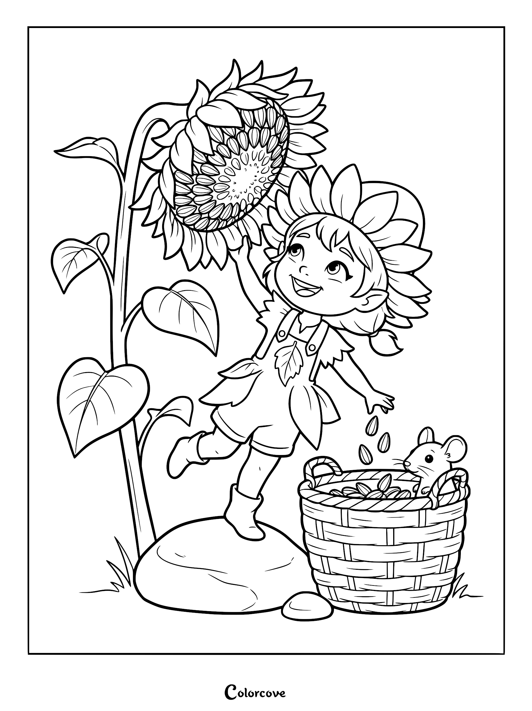 A sunflower fairy wearing a petal hat harvesting seeds into a basket with a mouse nearby in this printable coloring page.