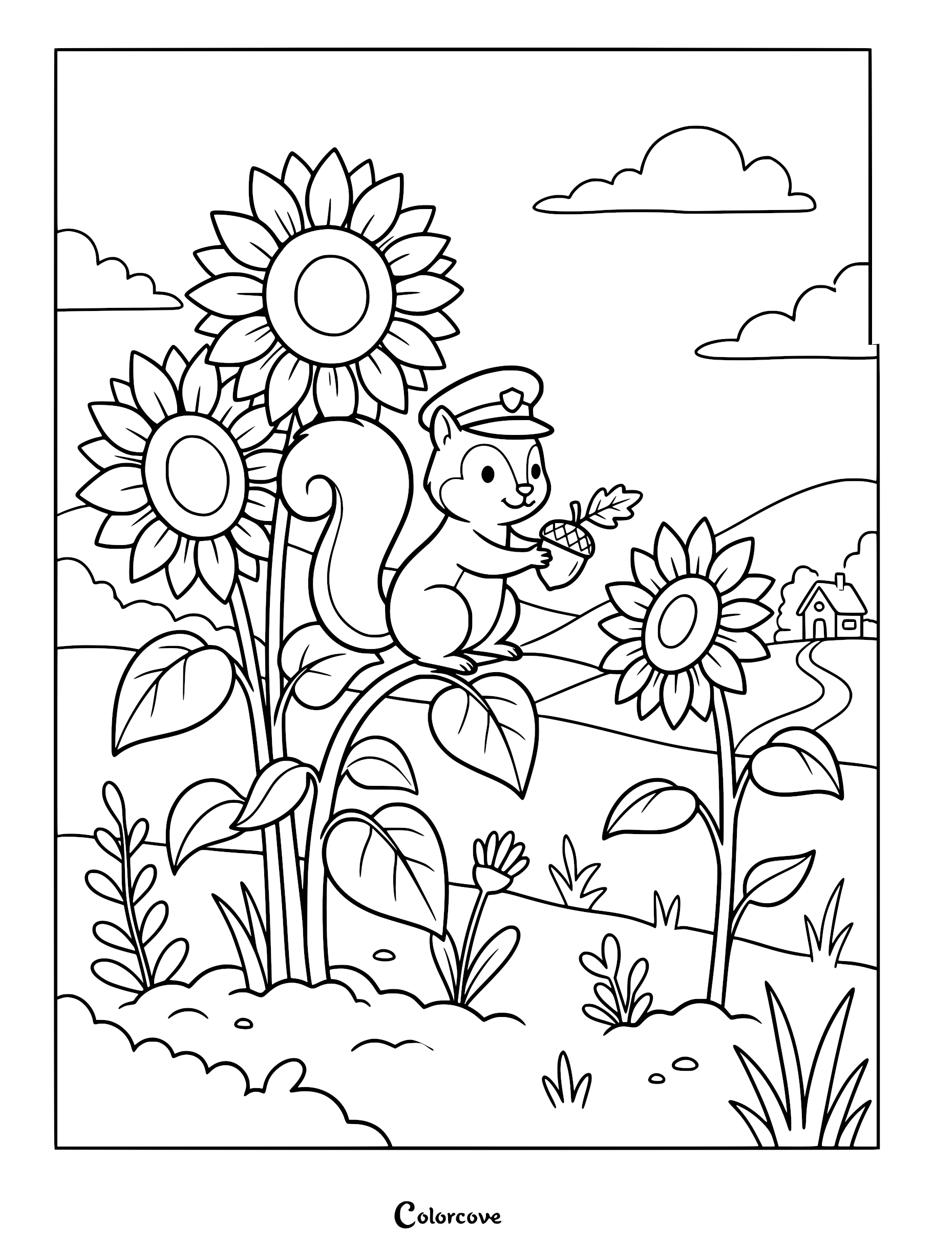A squirrel wearing a cap holding an acorn sitting on a sunflower leaf in this printable coloring page.