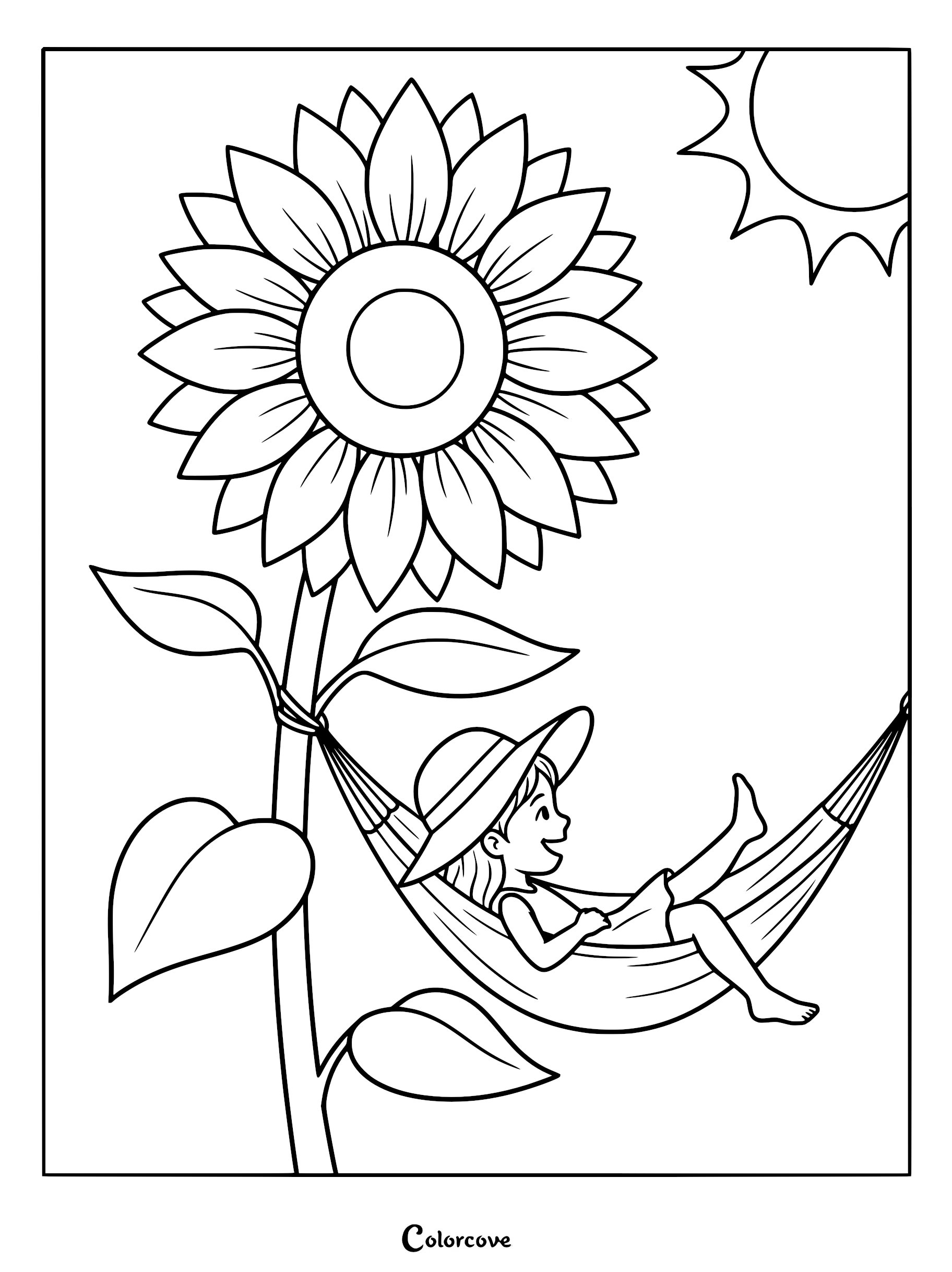 A girl wearing a sun hat resting in a hammock tied to a giant sunflower coloring page.