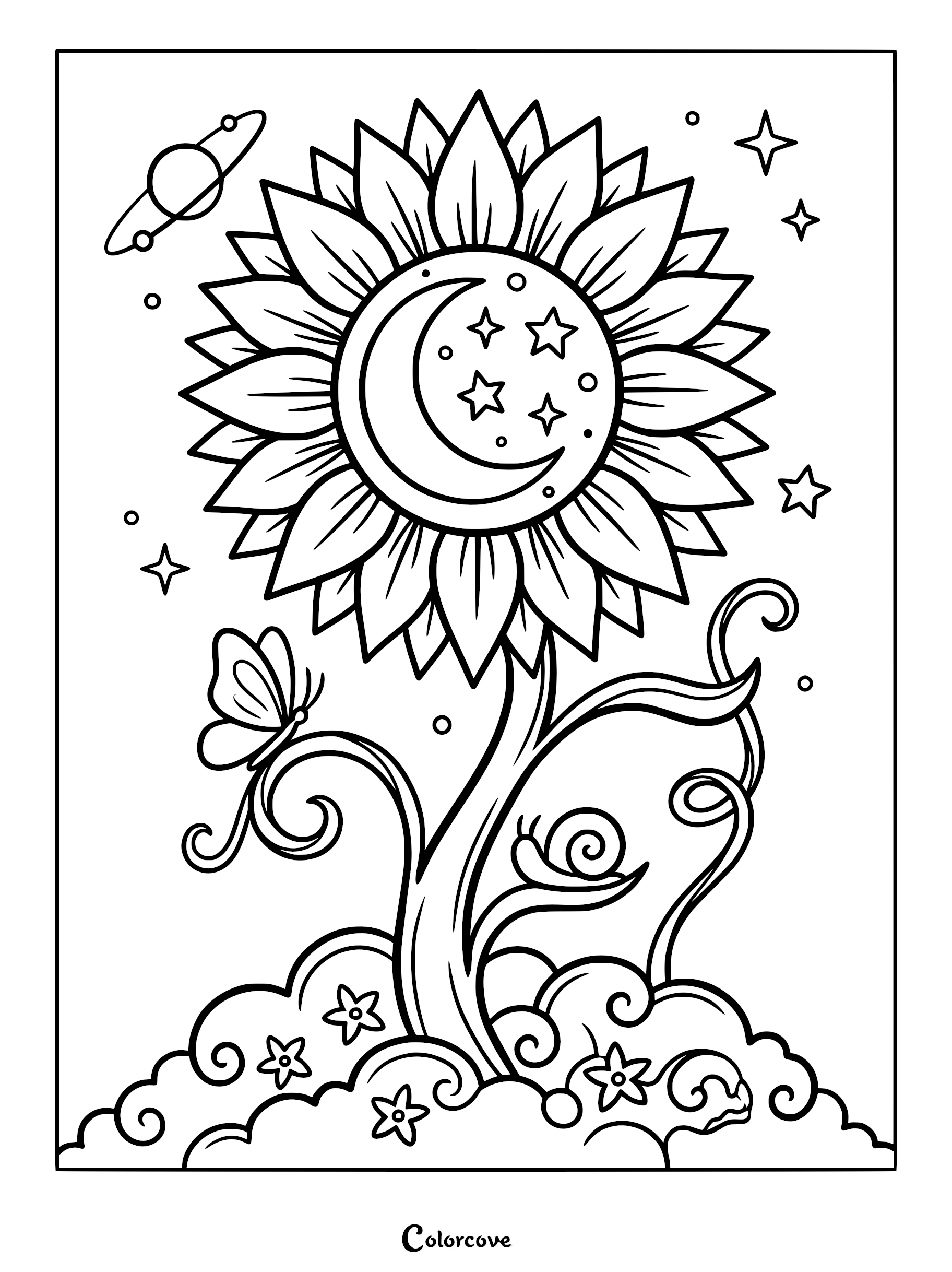 A celestial sunflower coloring page featuring a crescent moon and stars in the center, with a butterfly and snail on the stem.