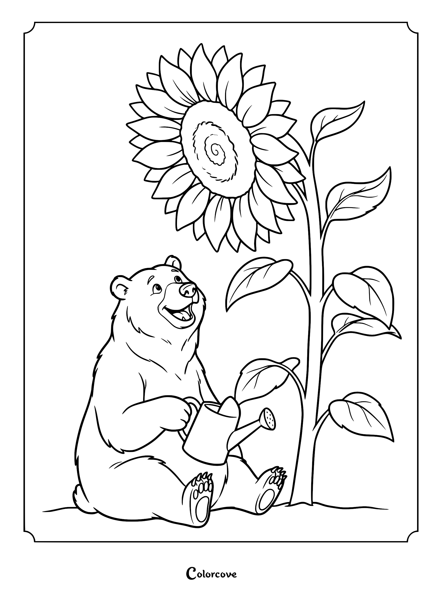 A happy bear sitting on the ground holding a small watering can next to a tall sunflower in this printable coloring page.