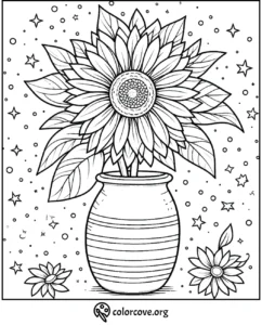 Sunflower coloring page with vase. Perfect detailed illustration for kids and adults to print and color.