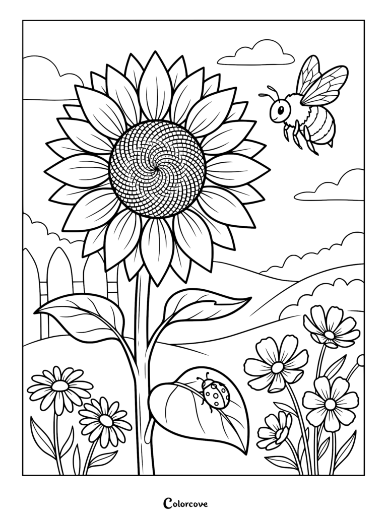 A detailed sunflower coloring page featuring a flying bee and a ladybug resting on a leaf in a garden.