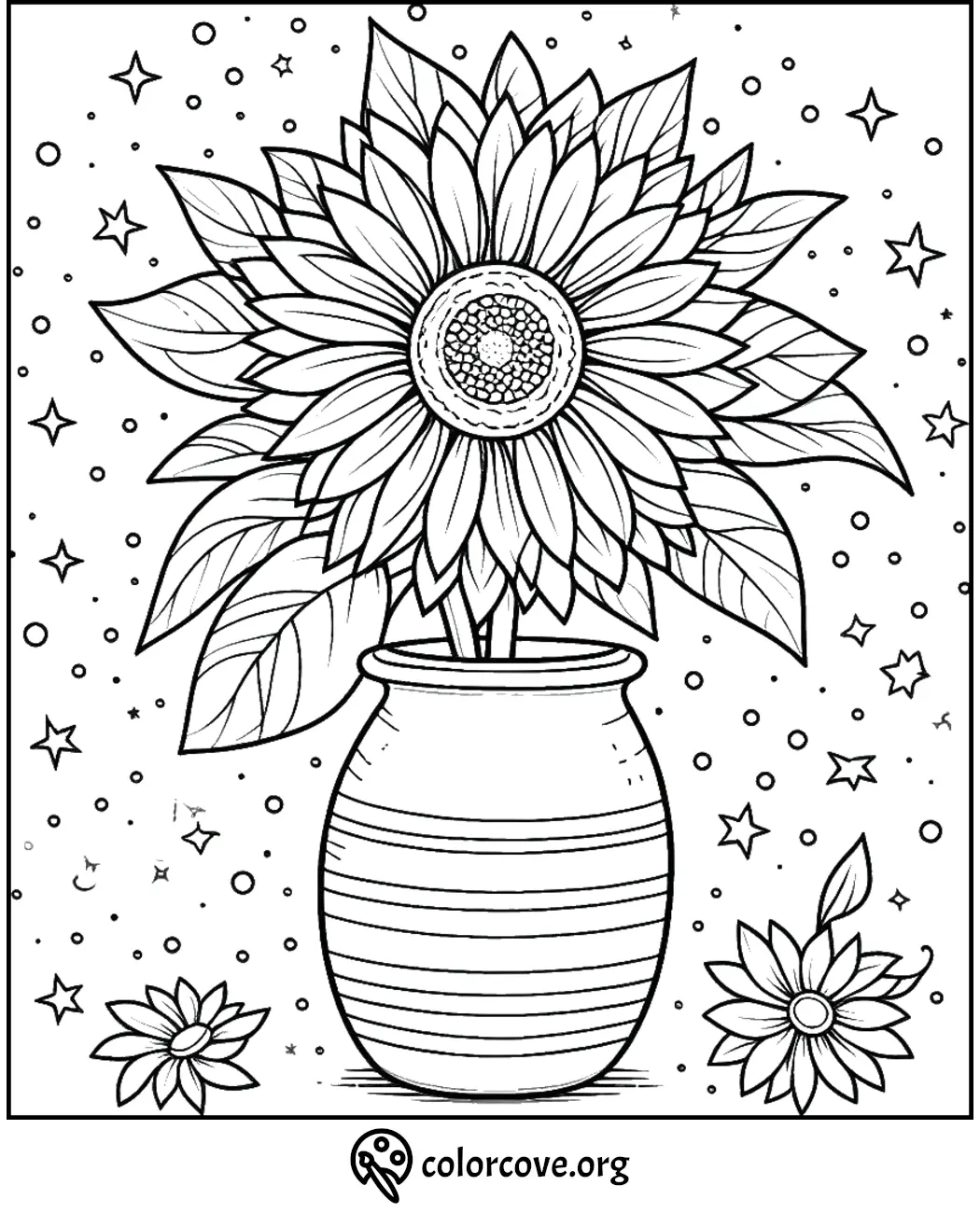 Sunflower coloring page with vase. Perfect detailed illustration for kids and adults to print and color.