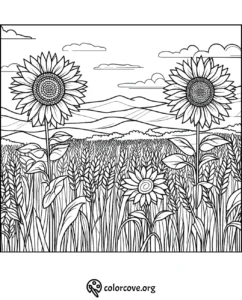 Sunflower coloring page with detailed landscape, featuring fields, mountains, and clouds. Perfect for stress relief.
