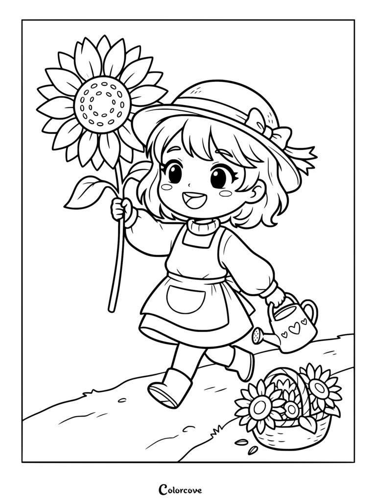 A cute anime-style girl wearing a sun hat holding a large sunflower and a heart-patterned watering can, with a basket of flowers nearby in this coloring page.