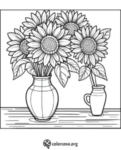 Sunflower coloring page with a vase and pitcher on a table for coloring enthusiasts from colorcove.org.