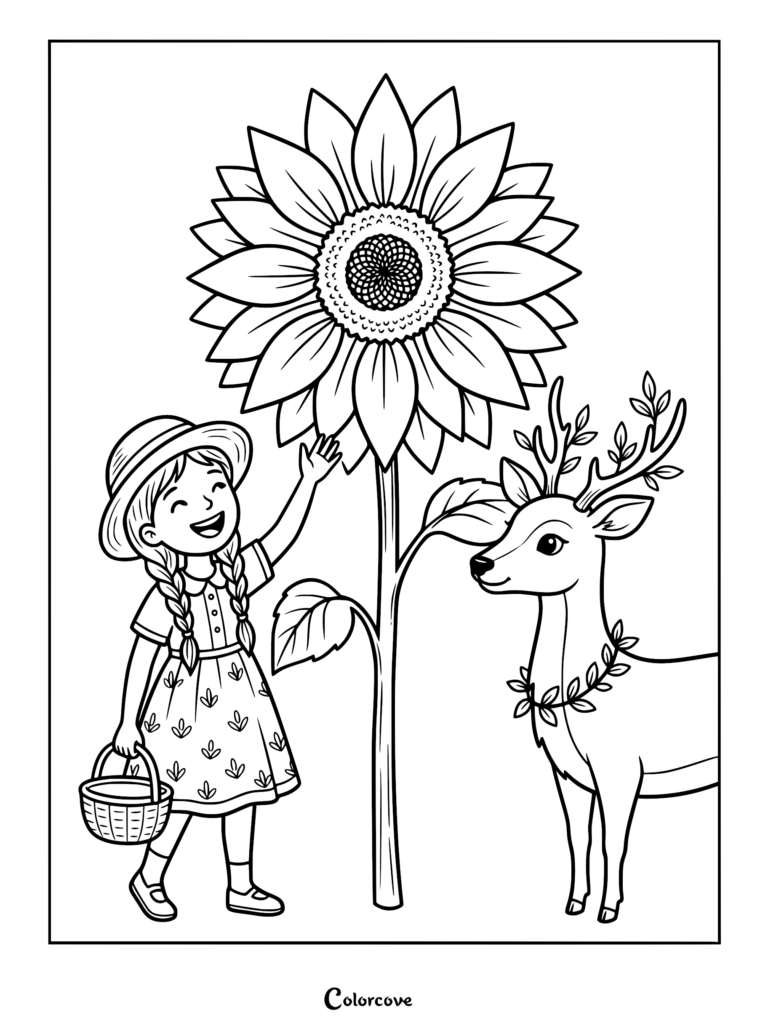 A girl in a straw hat and floral dress holding a basket stands next to a deer with a leaf wreath, both admiring a giant sunflower in this coloring page.