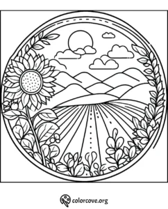 Sunflower field coloring page with scenic mountains, sun, and clouds, perfect for a relaxing and creative activity.