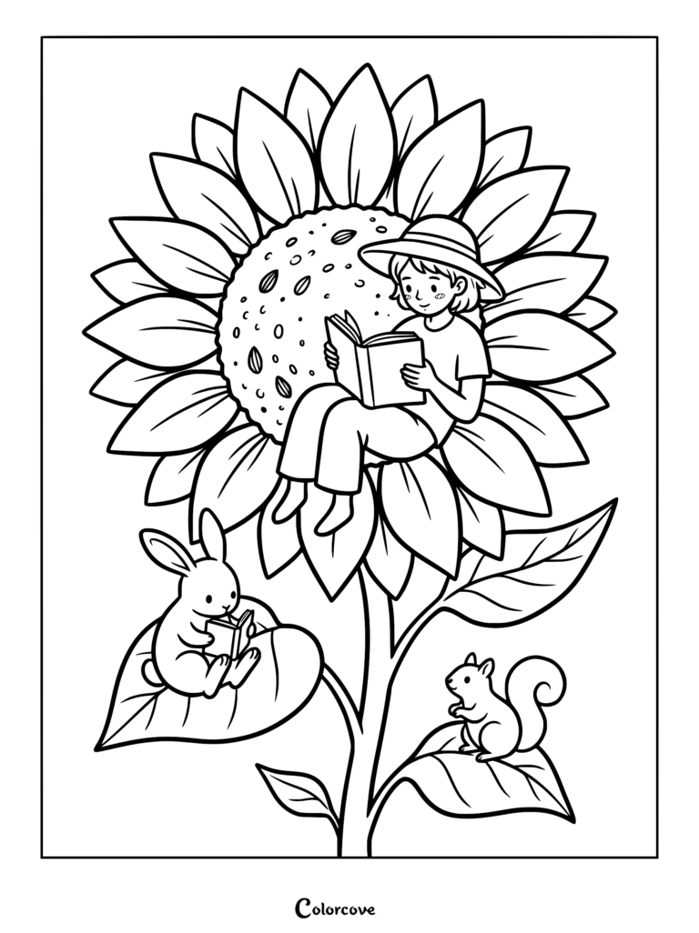 A girl in a sun hat reading a book while sitting on a giant sunflower, with a rabbit and squirrel reading on the leaves in this coloring page.