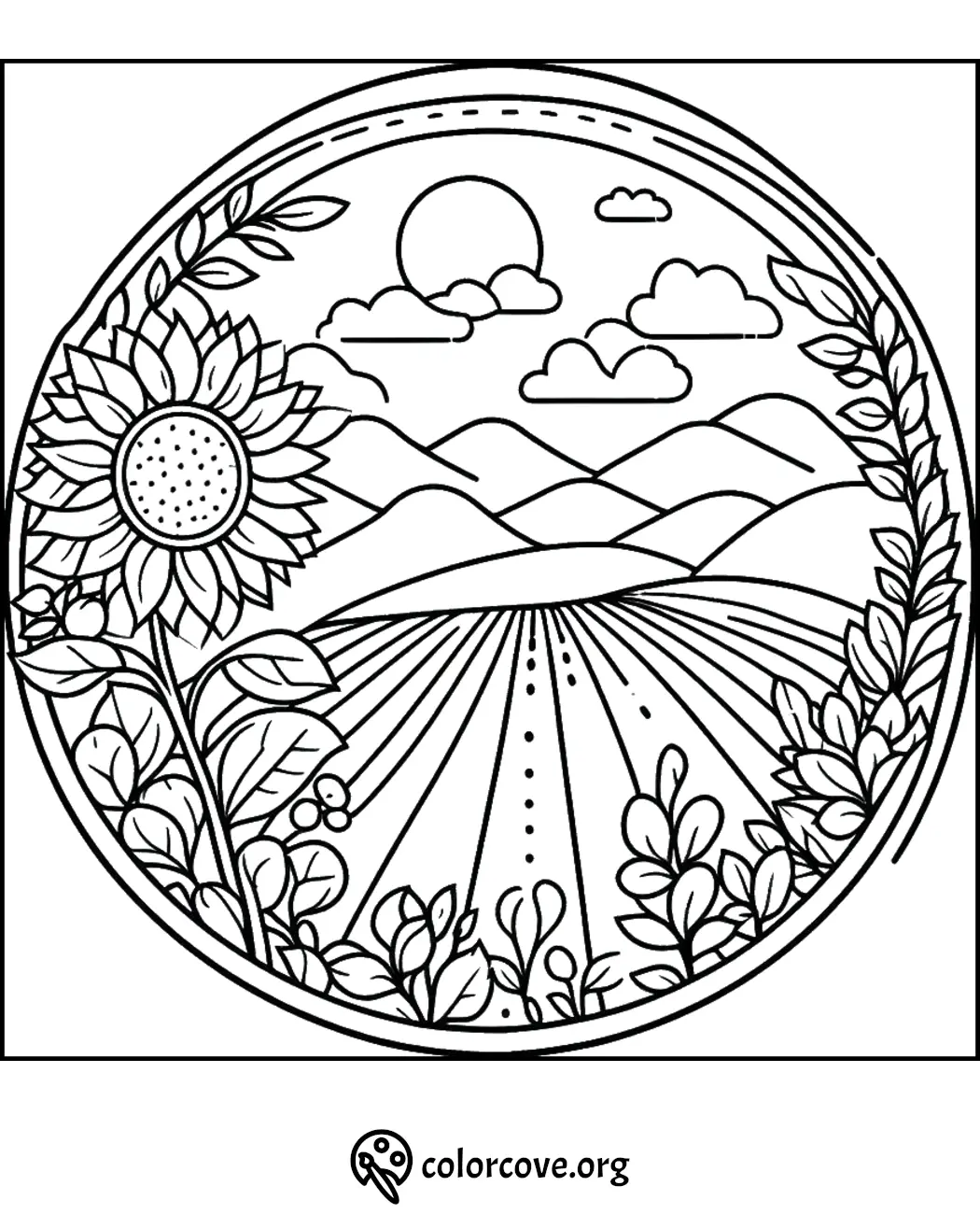 Sunflower field coloring page with scenic mountains, sun, and clouds, perfect for a relaxing and creative activity.