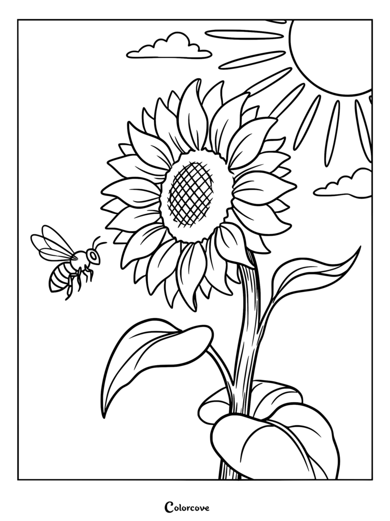 A hand holding a large sunflower with a flying bee nearby under a sunny sky in this printable coloring page.