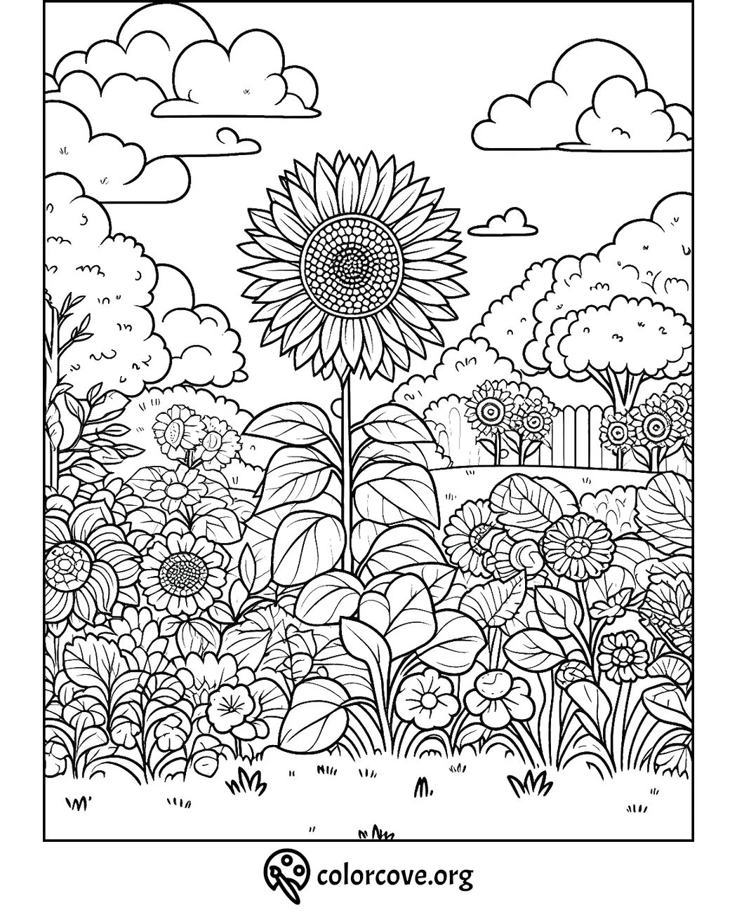 Coloring page featuring a large sunflower in a garden with various flowers and plants, set against a cloudy sky background.