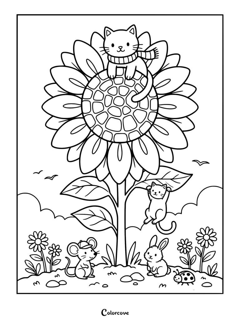 A cat wearing a scarf sits on a large sunflower while another cat hangs from a leaf, with a mouse, rabbit, and ladybug below on this coloring page.