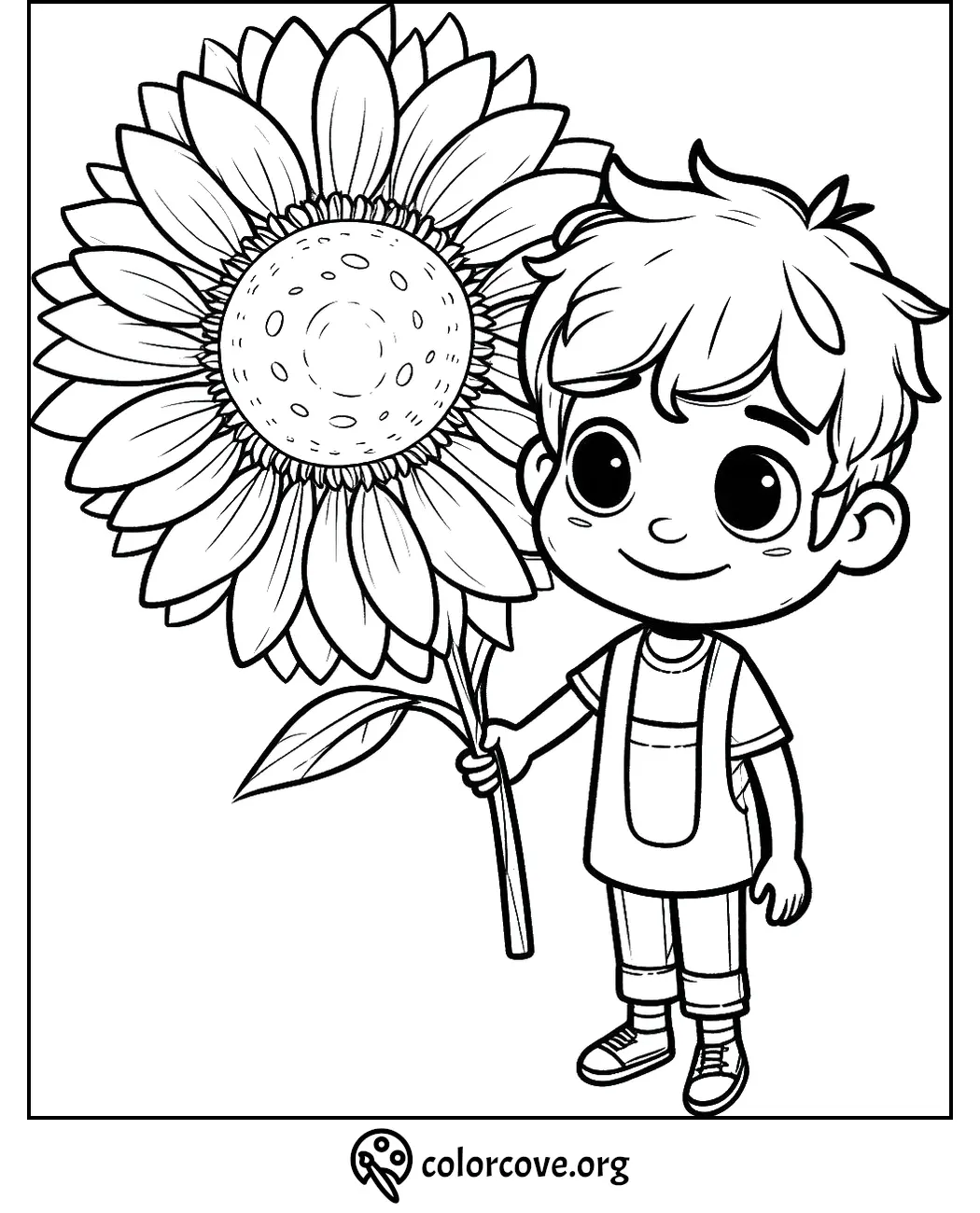 Boy holding a large sunflower coloring page for kids. Black and white illustration for coloring activity. Colorcove.org.