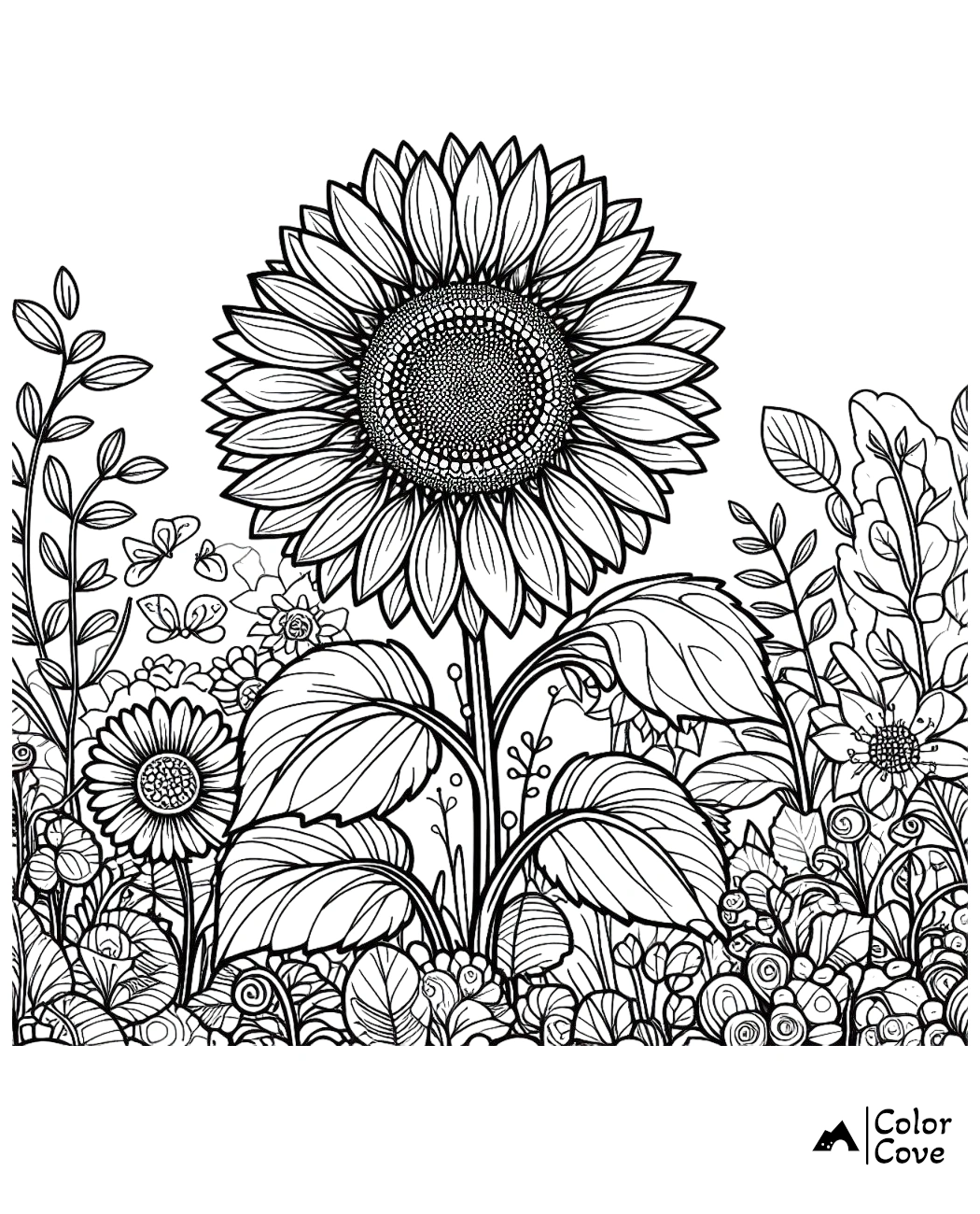 Coloring page of a detailed sunflower with smaller flowers and leaves around it, ready to be filled with colors.