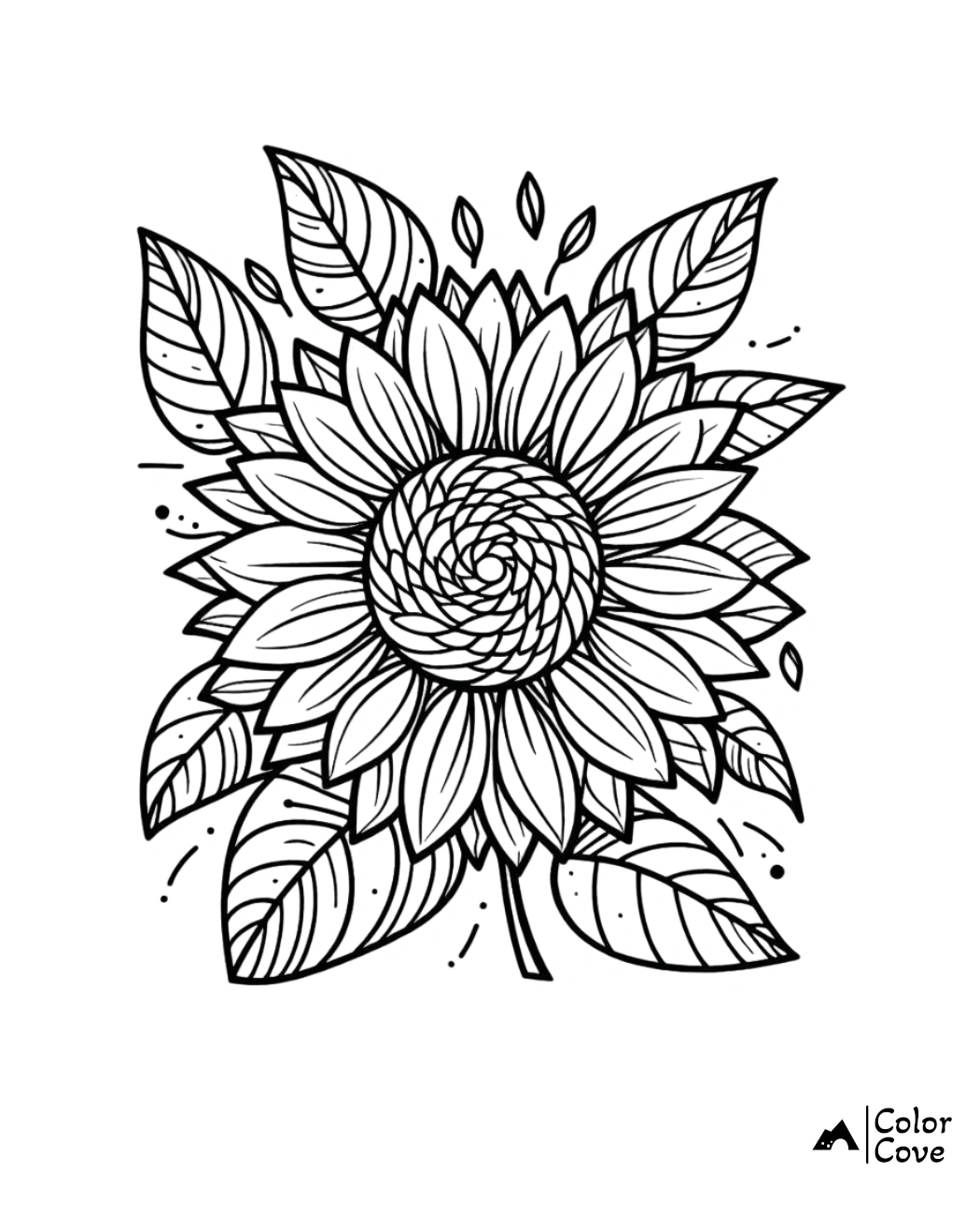 Sunflower coloring page with detailed leaves and petals, ready for kids and adults to add their creative touch.