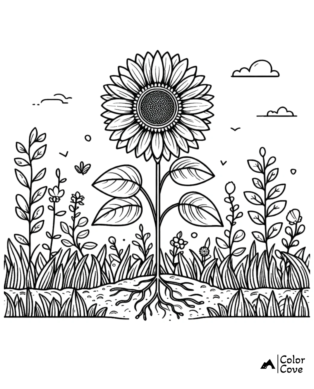 Coloring page of a sunflower in a garden with roots showing below ground, surrounded by other plants and clouds in the sky.