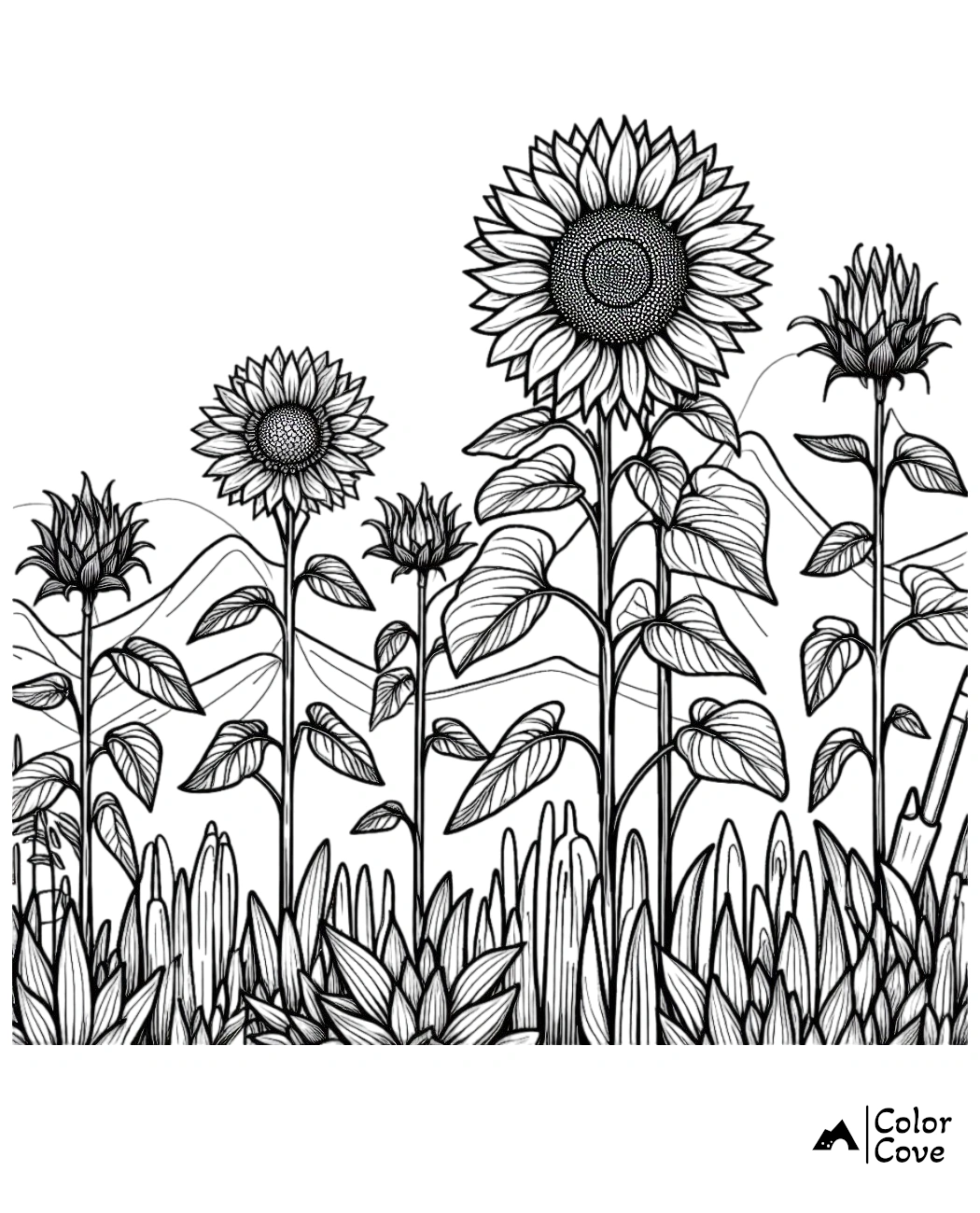 Sunflower garden coloring page featuring detailed sunflowers with leaves and grass, perfect for kids and adults.