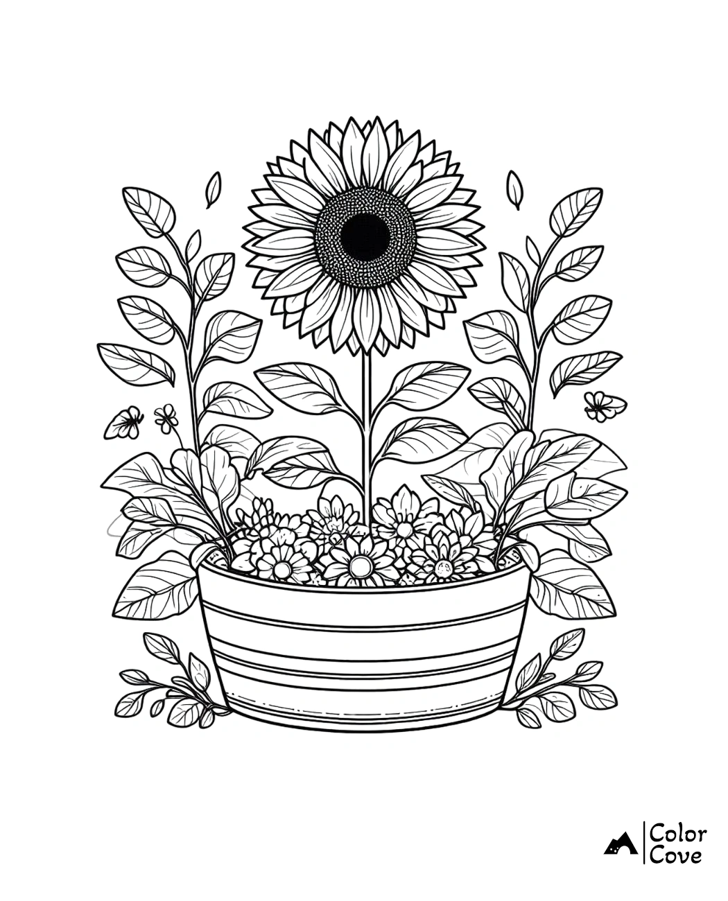 Sunflower coloring page in a pot with surrounding leaves and small flowers, ideal for relaxation and creative fun.