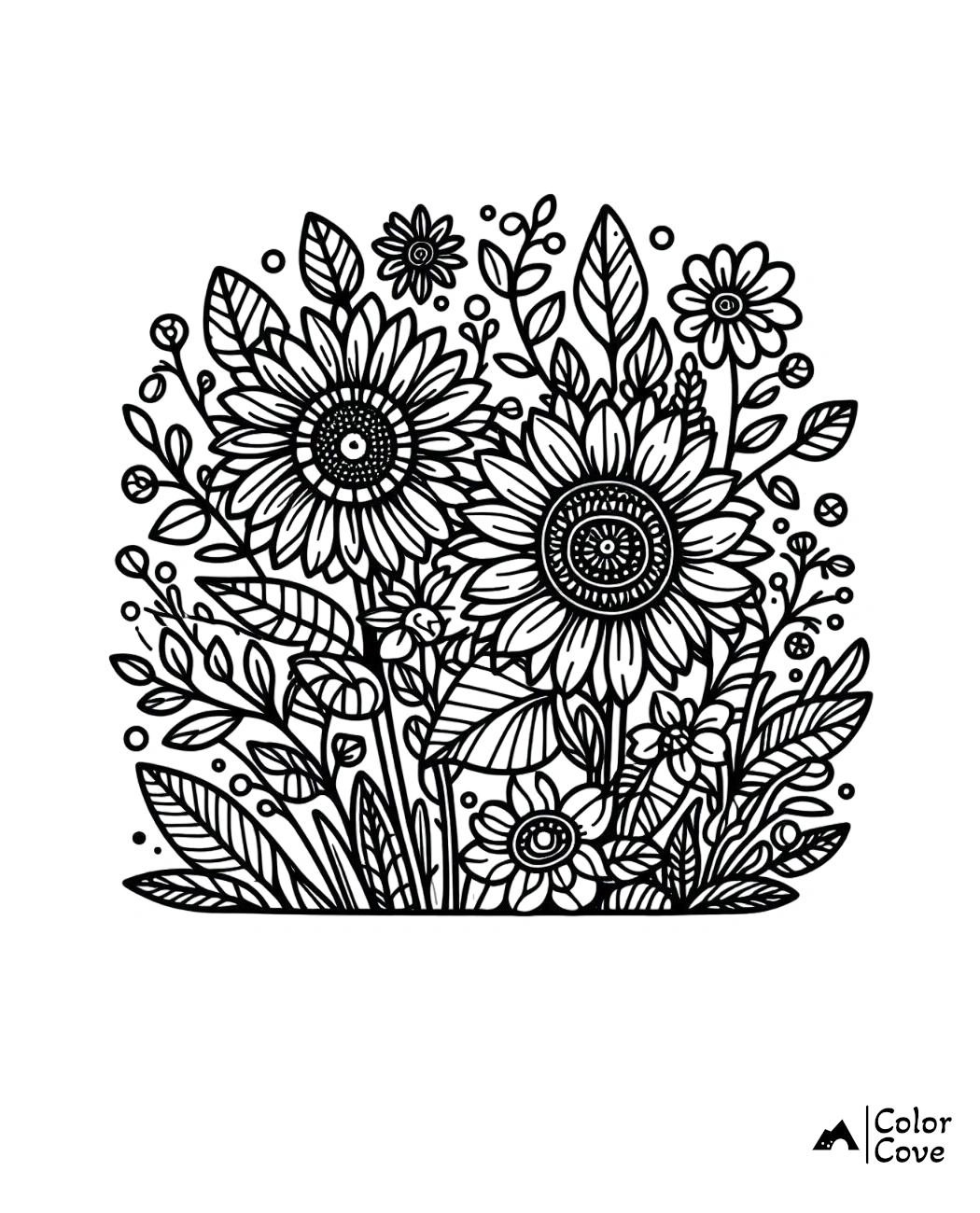 Intricate flower field coloring page with various blossoms and leaves, perfect for adults' relaxation and creativity.