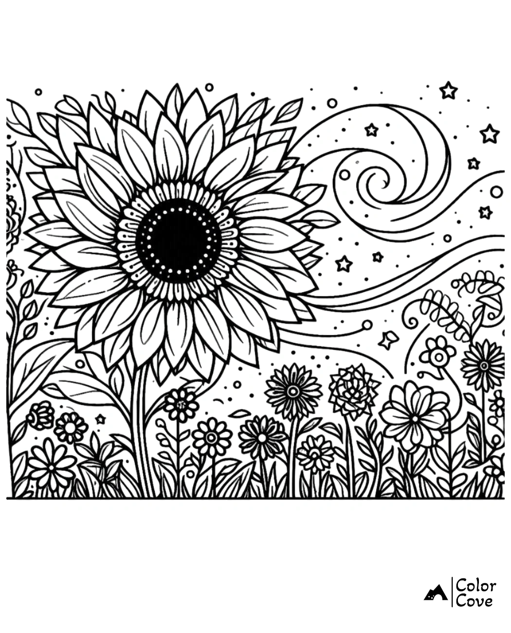 Sunflower and garden-themed coloring page featuring a large sunflower with intricate patterns and various flowers in the background.