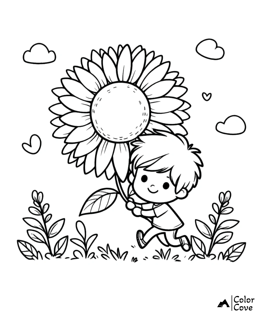 Coloring page of a happy child holding a large sunflower, surrounded by plants and clouds with hearts floating in the sky.