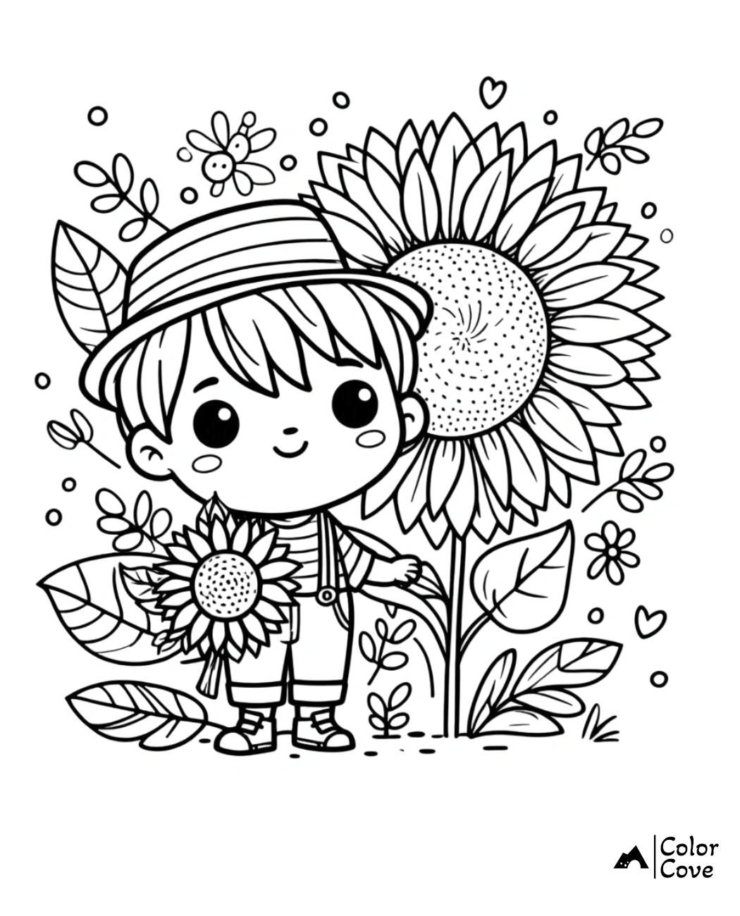 Coloring page of a cute child in a hat holding a sunflower, standing by a large sunflower, surrounded by flowers and leaves.