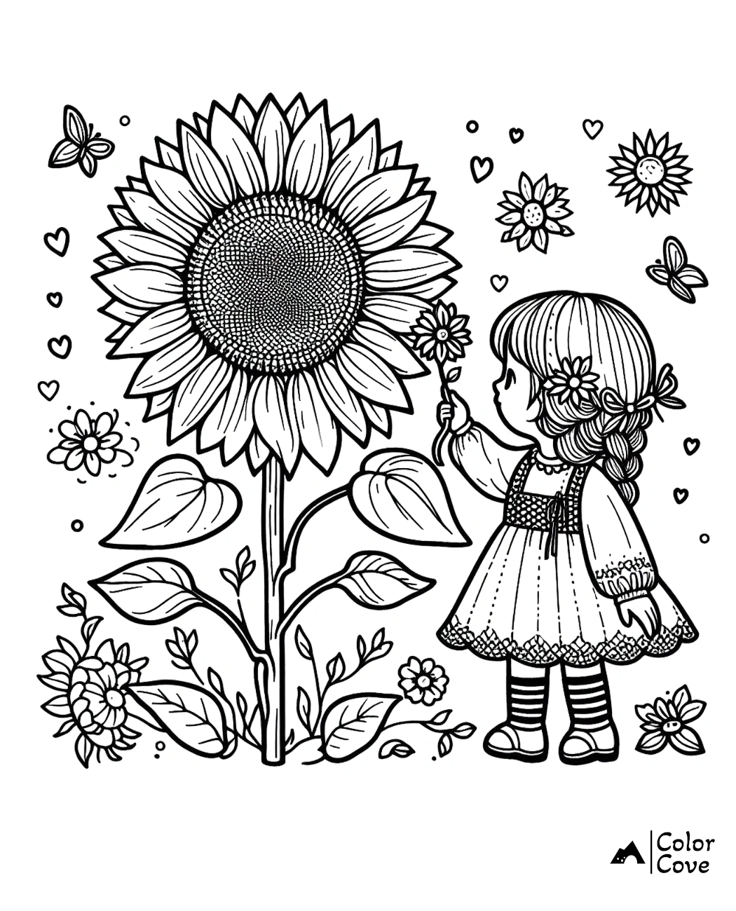 Child holding flower near giant sunflower coloring page. Butterflies and hearts around. Flowers at the base.